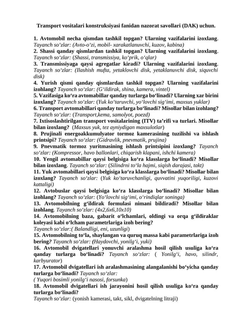 Transport vositalari konstruksiyasi fanidan nazorat savollari (DAK) uchun
