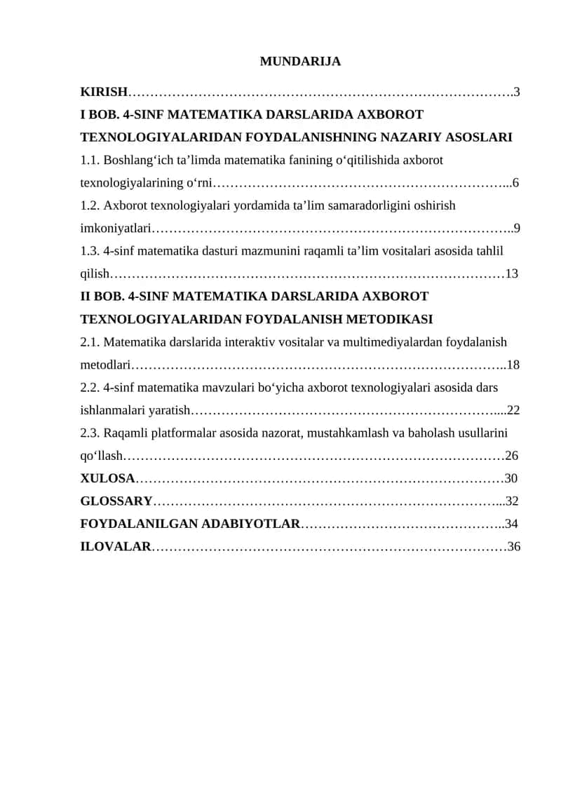 4-sinf matematika darslarida axborot texnologiyalaridan foydalanish