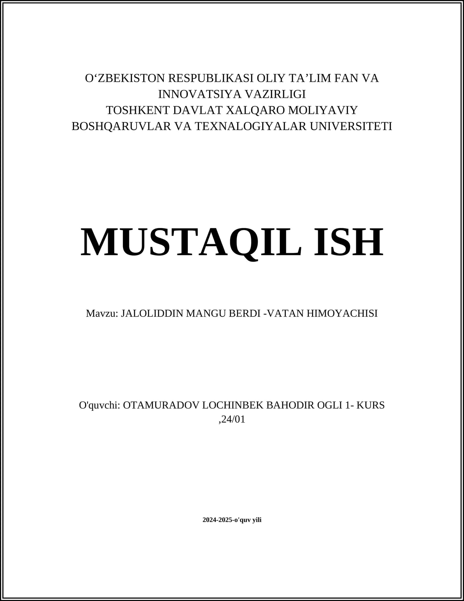 JALOLIDDIN MANGU BERDI -VATAN HIMOYACHISI