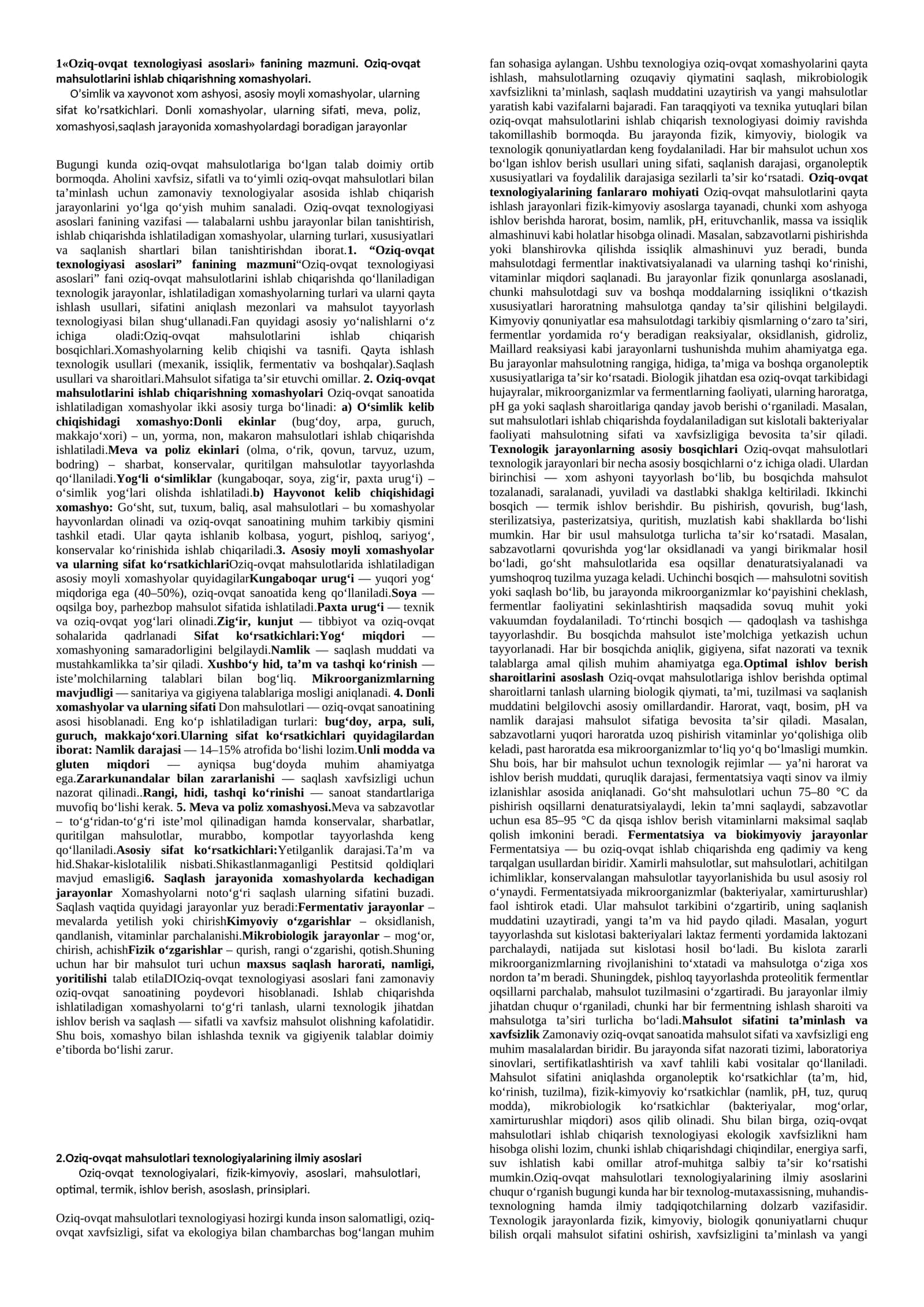 Oziq-ovqat texnologiyasi asoslari fanining mazmuni
