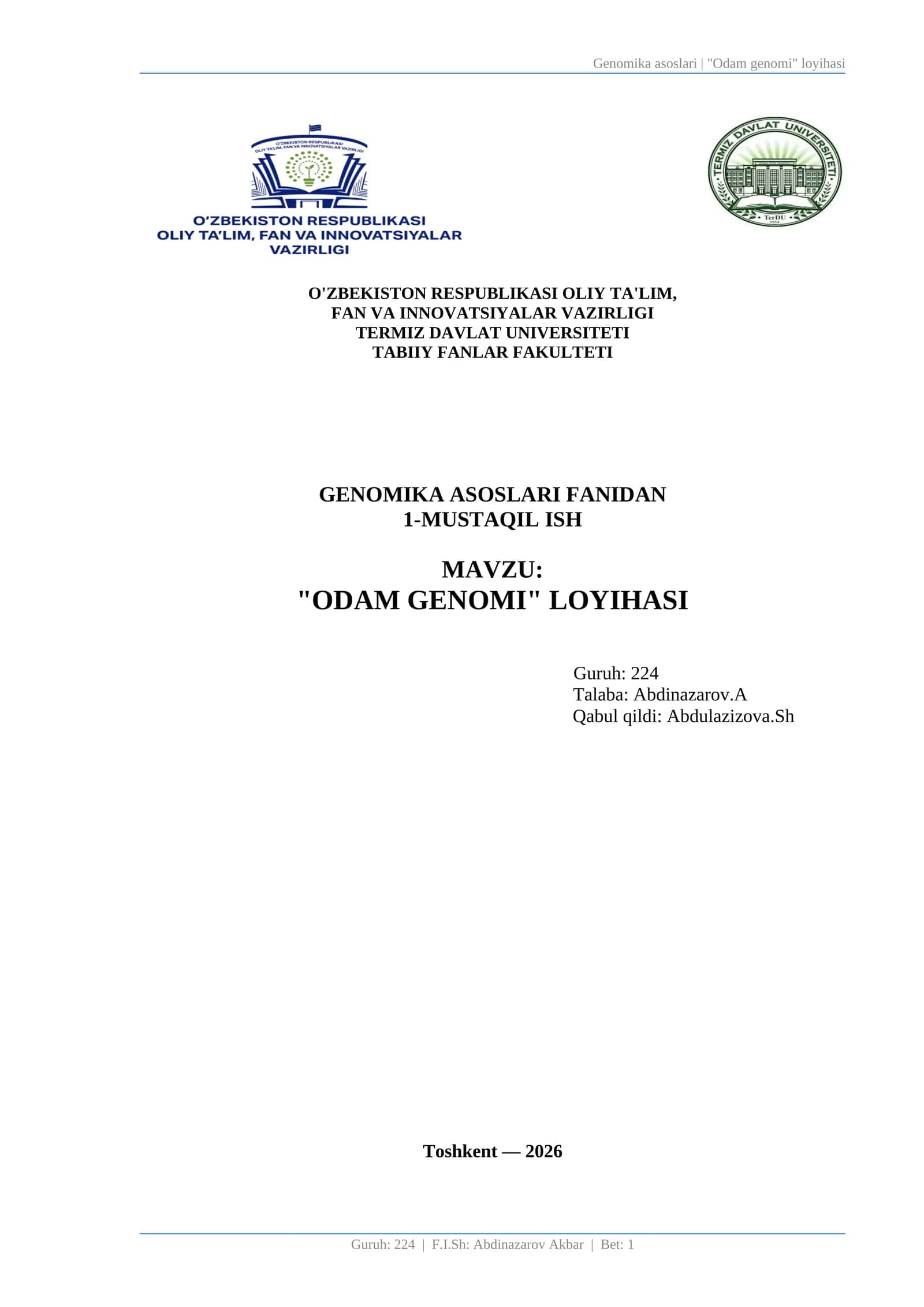 "ODAM GENOMI" LOYIHASI