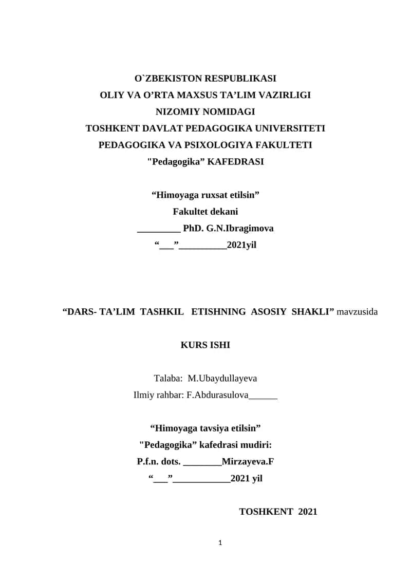 Dars- Ta'lim Tashkil Etishning Asosiy Shakli