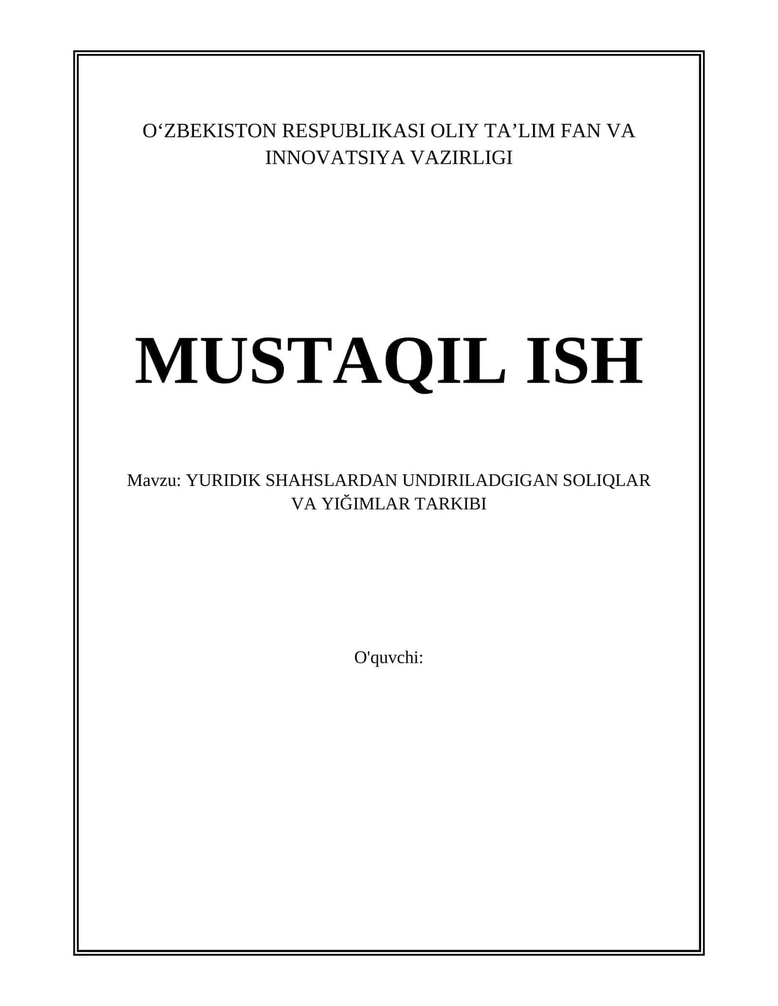 YURIDIK SHAHSLARDAN UNDIRILADGIGAN SOLIQLAR VA YIĞIMLAR TARKIBI