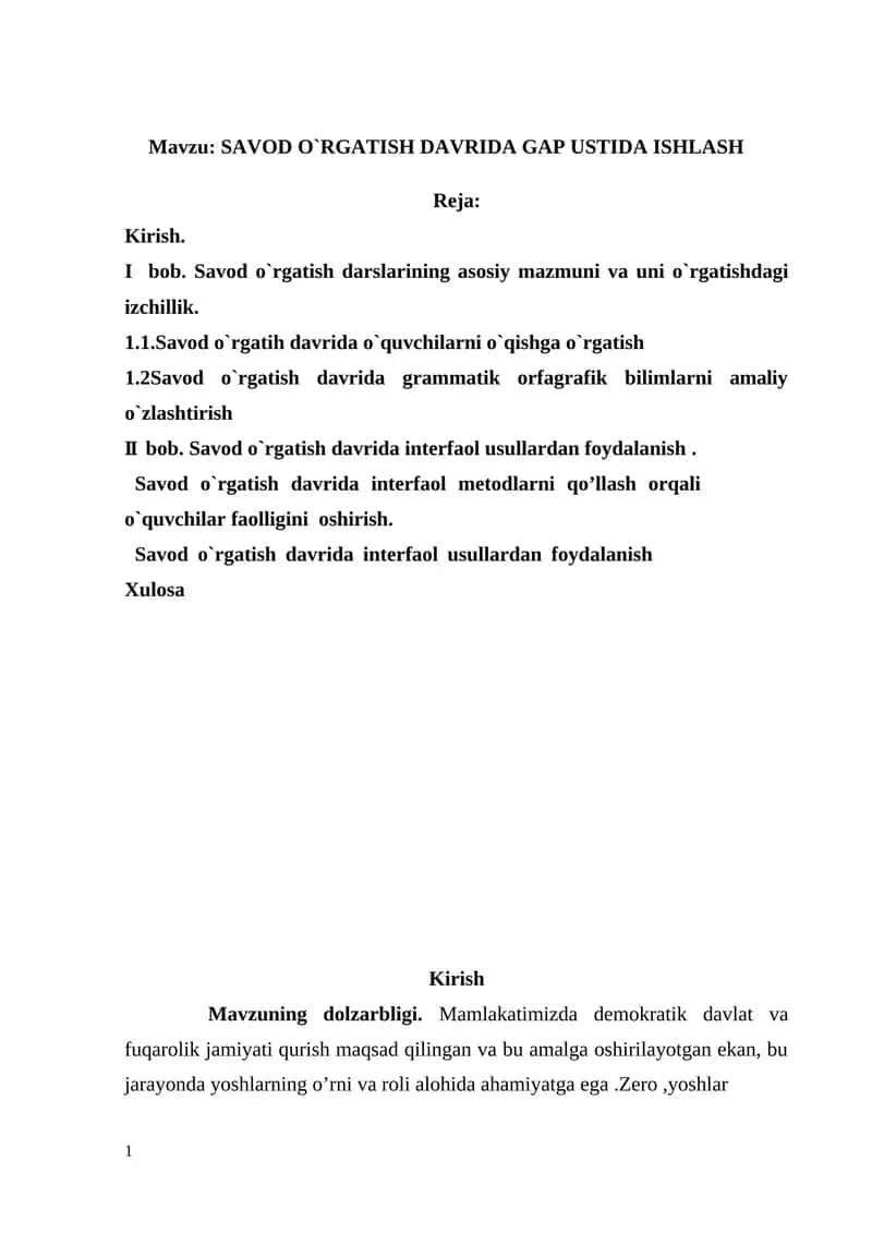 SAVOD O`RGATISH DAVRIDA GAP USTIDA ISHLASH