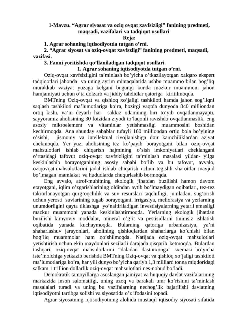 "Agrar siyosat va oziq ovqat xavfsizligi"