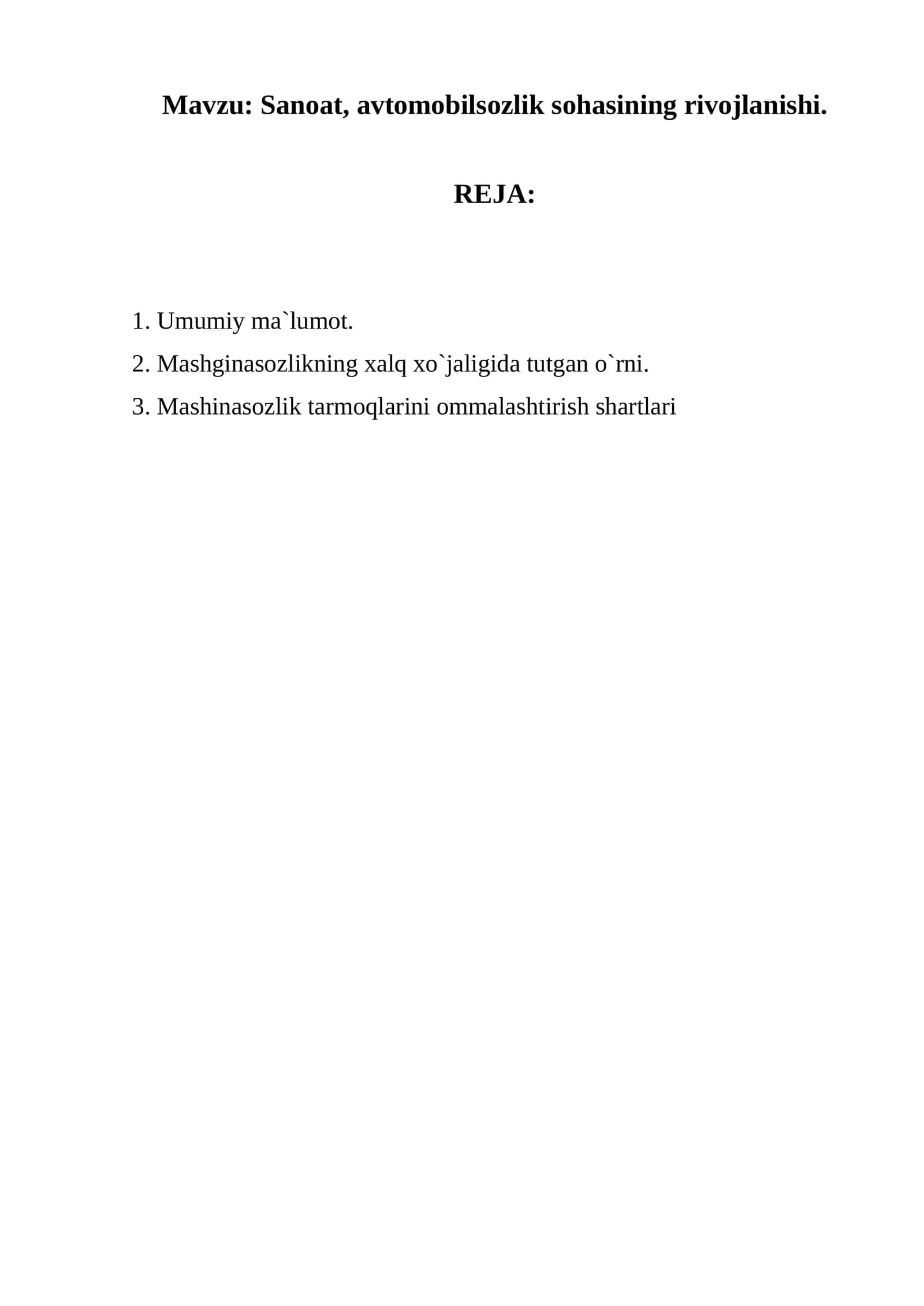 Sanoat, avtomobilsozlik sohasining rivojlanishi