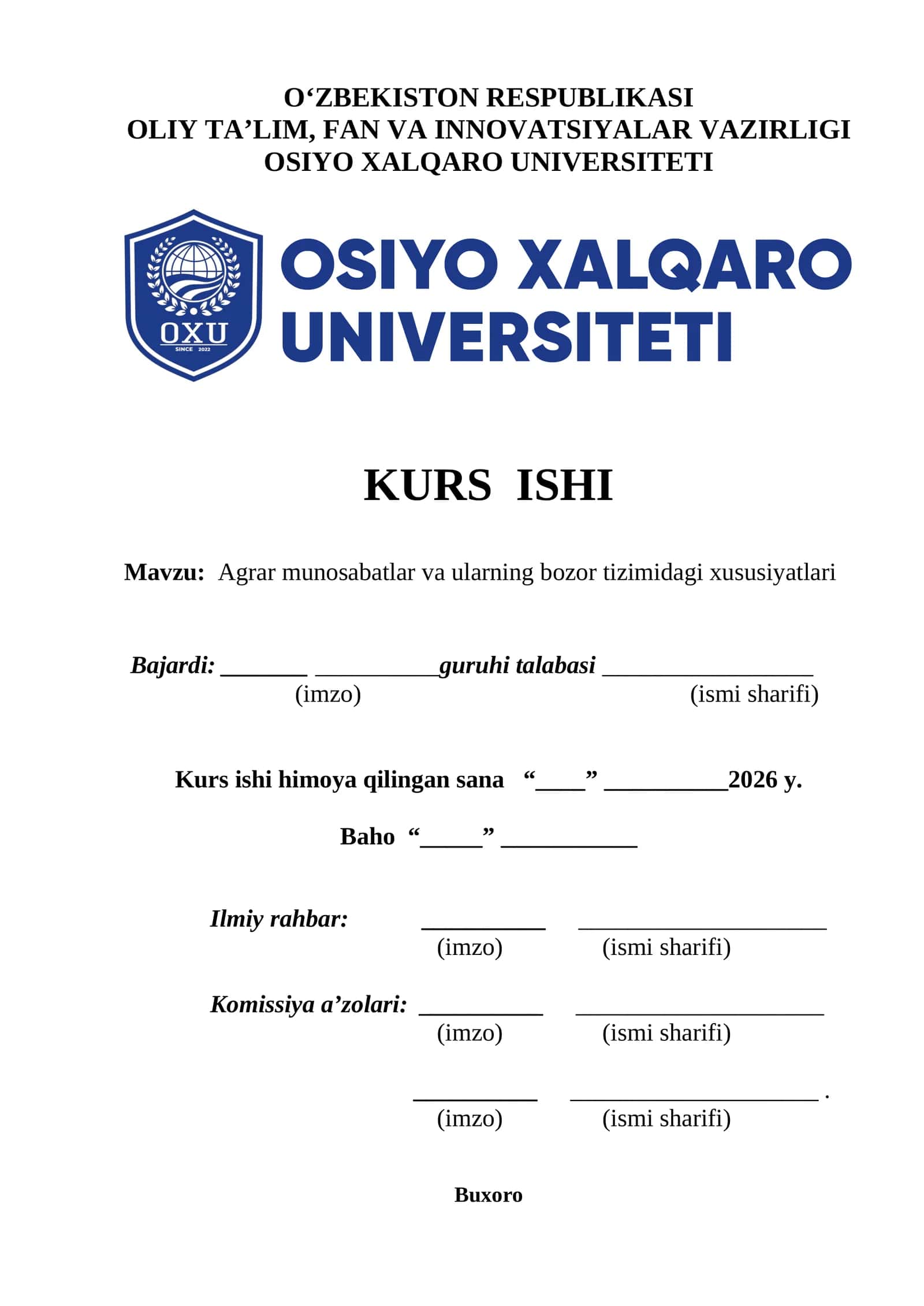 Agrar munosabatlar va ularning bozor tizimidagi xususiyatlari kurs ishi
