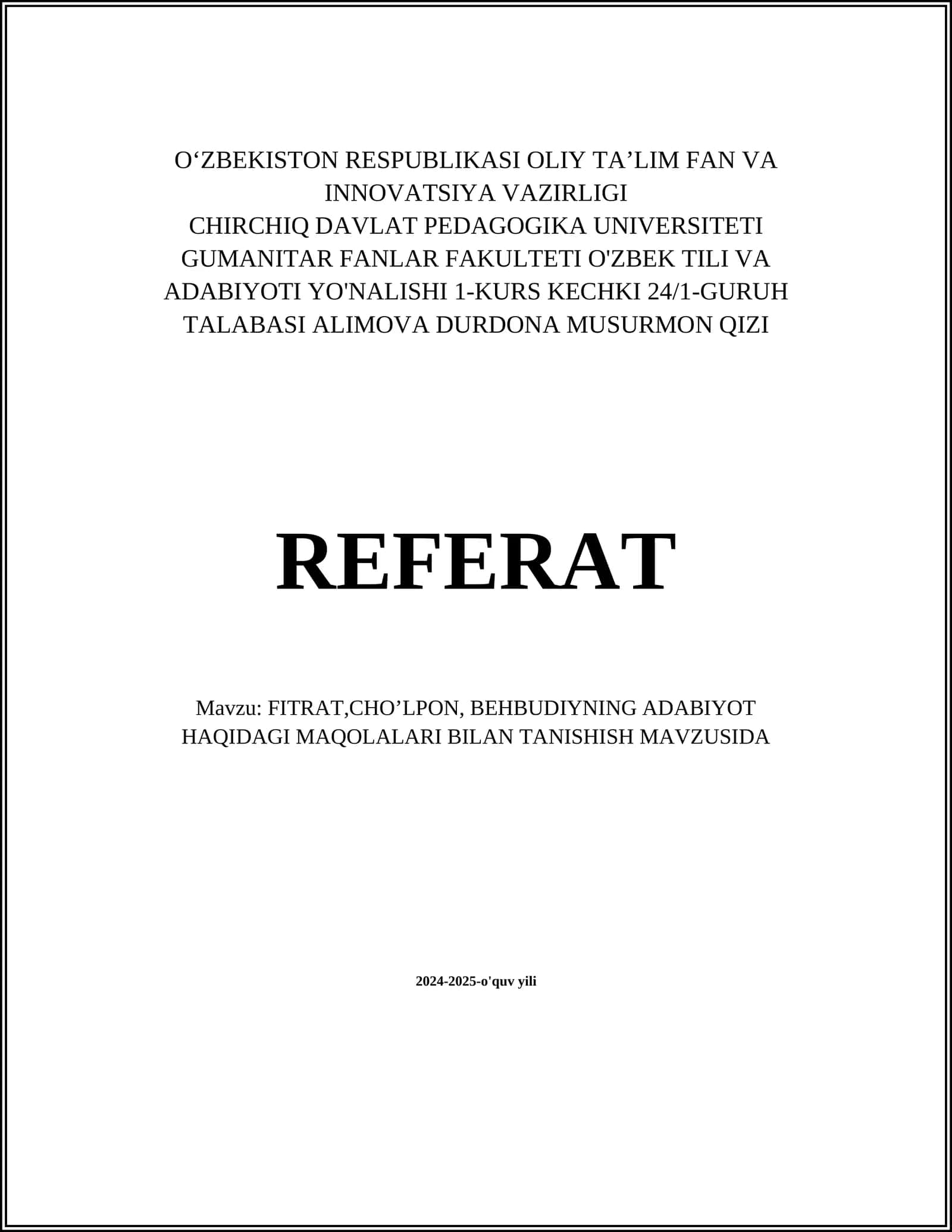 FITRATNING ADABIYOT HAQIDAGI QARASHLARI