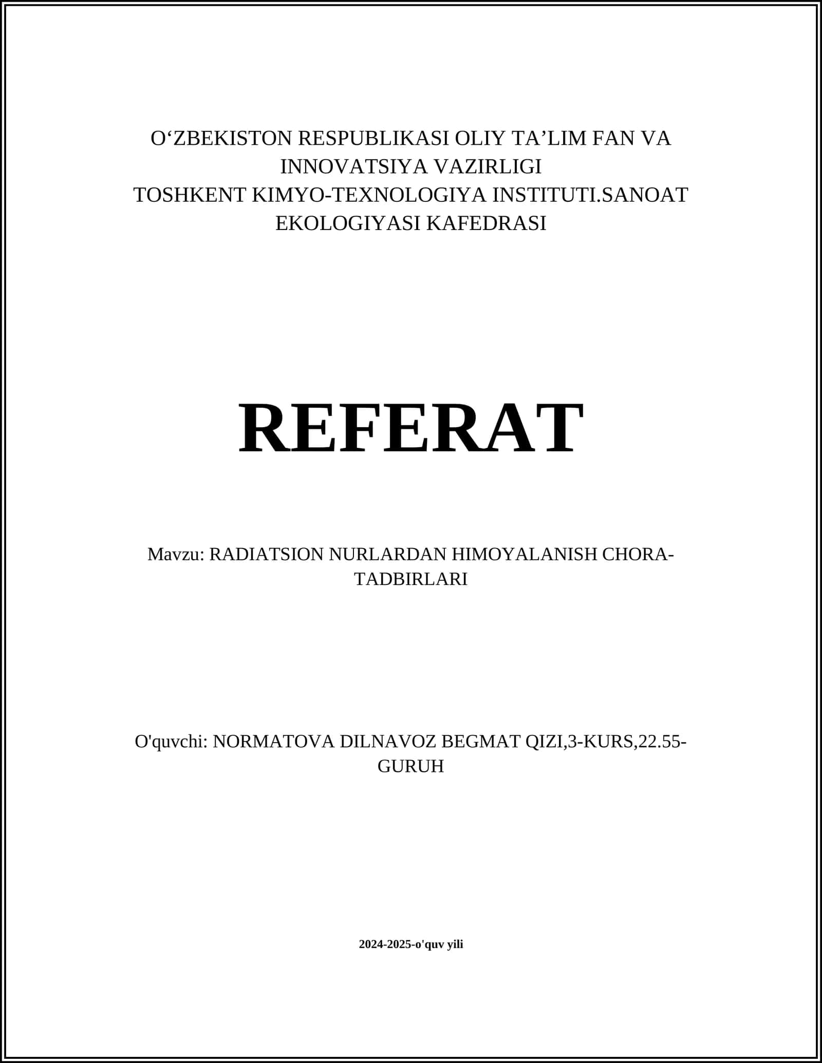 RADIATSION NURLARDAN HIMOYALANISH CHORA-TADBIRLARI