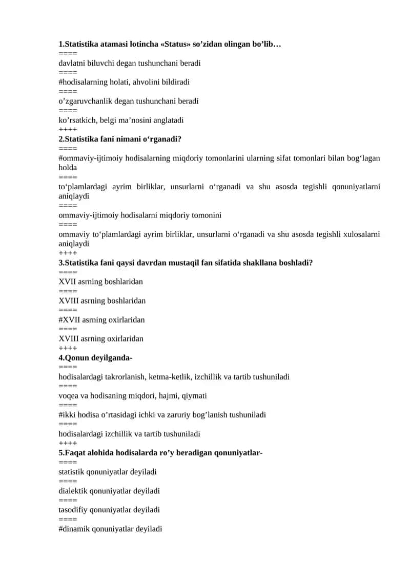 Statistika fanidan test 300 ta javoblari bilan