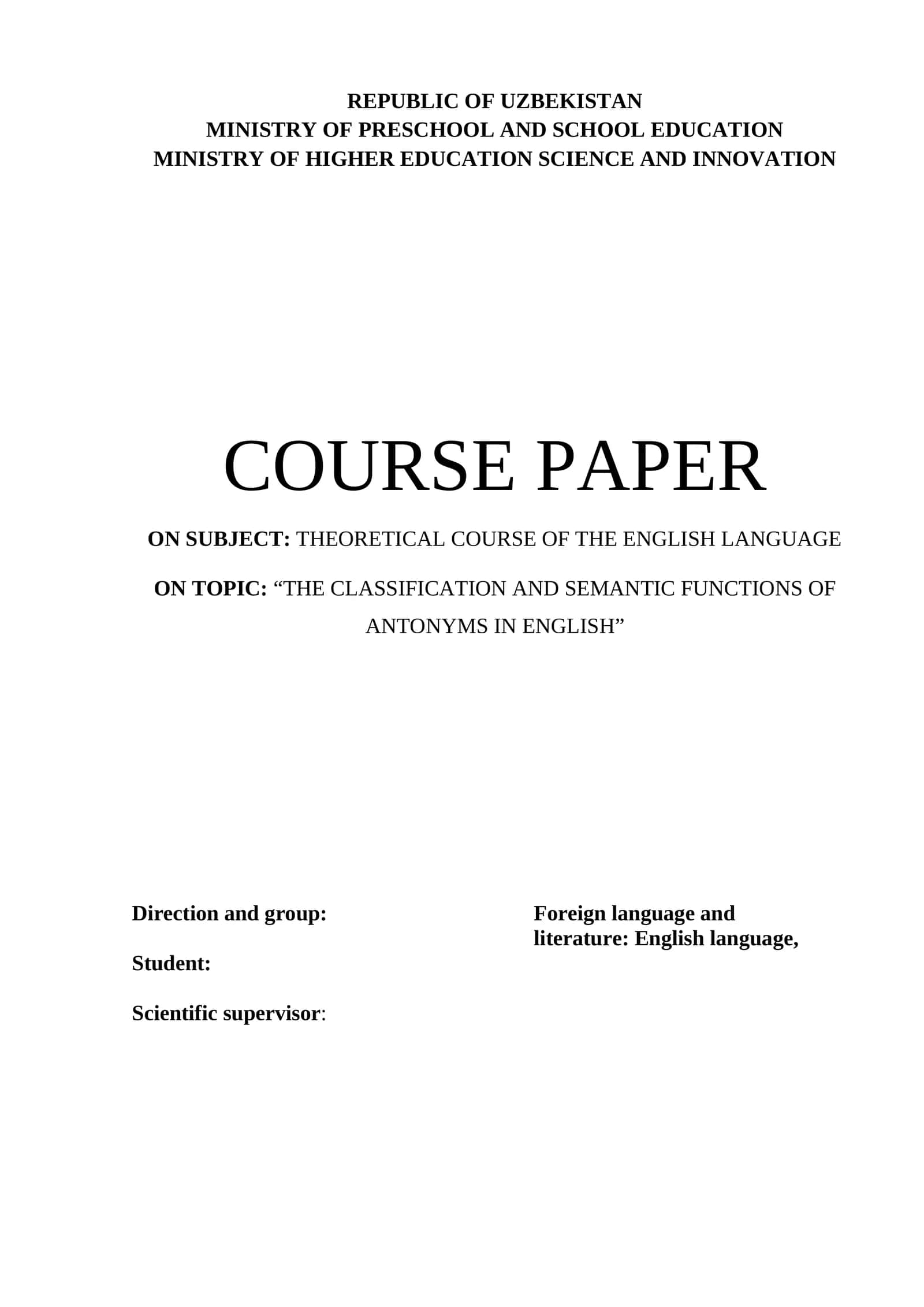 COURSE PAPER on THEORETICAL COURSE OF THE ENGLISH LANGUAGE