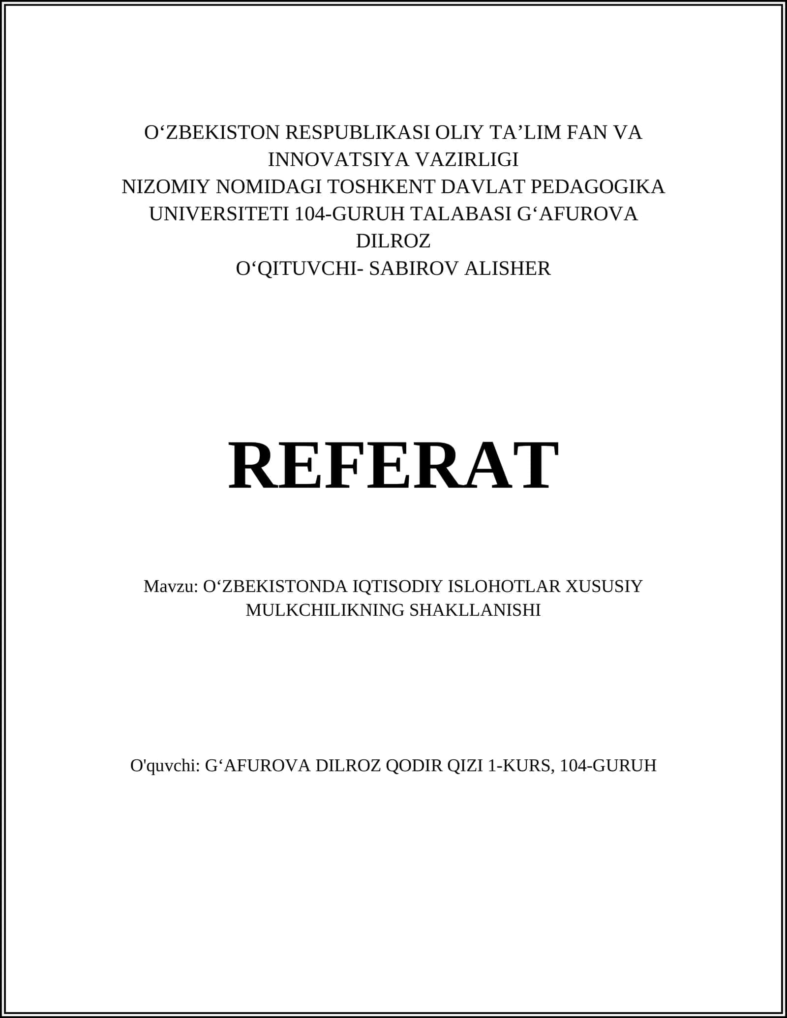 Oʻzbekistonda Iqtisodiy Islohotlar Xususiy Mulkchilikning Shakllanishi