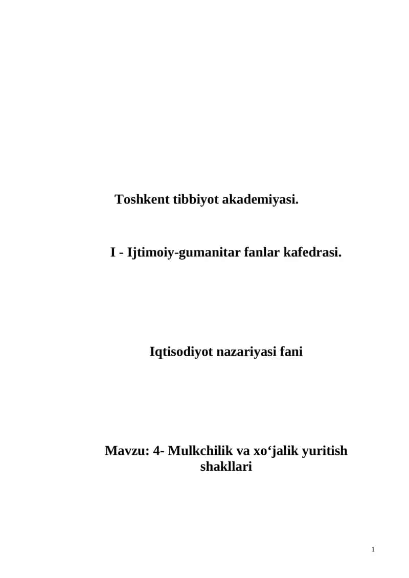 Mulkchilik va xo‘jalik yuritish shakllari