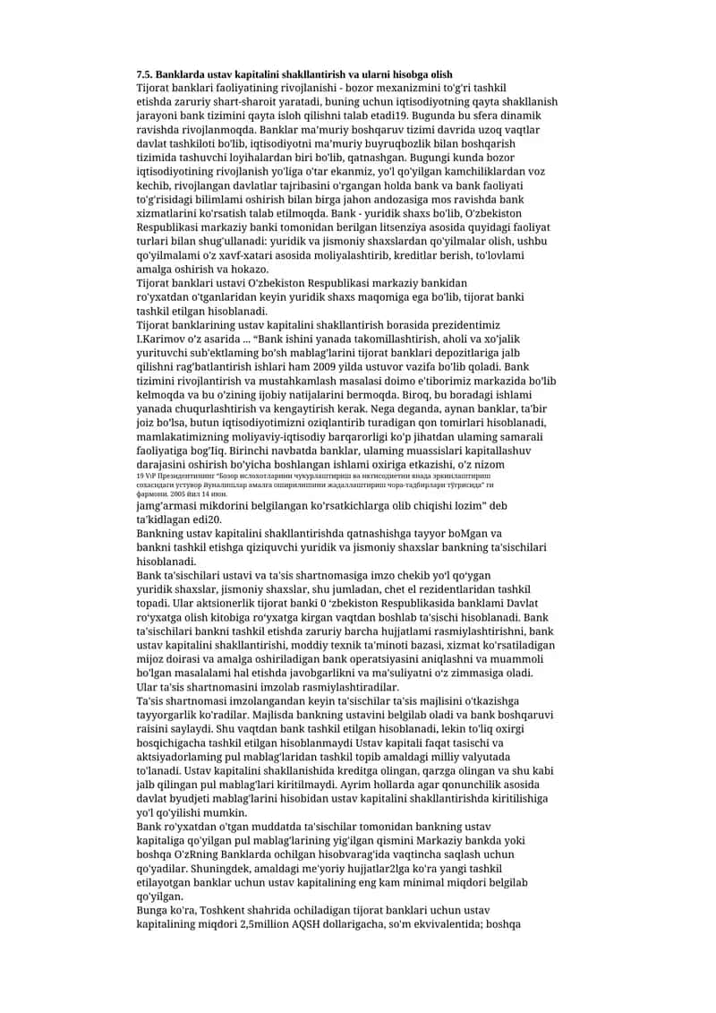 Banklarda ustav kapitalini shakllantirish va ularni hisobga olish