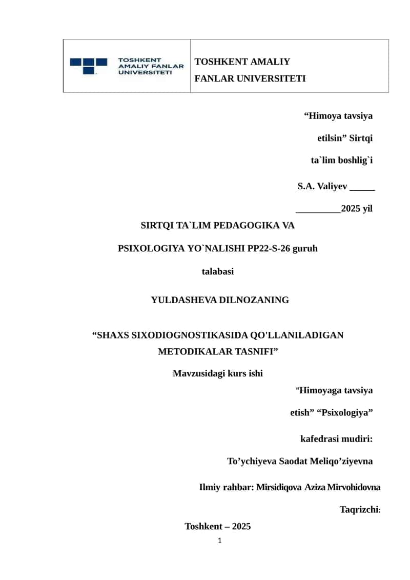 "SHAXS SIXODIOGNOSTIKASIDA QO'LLANILADIGAN METODIKALAR TASNIFI"