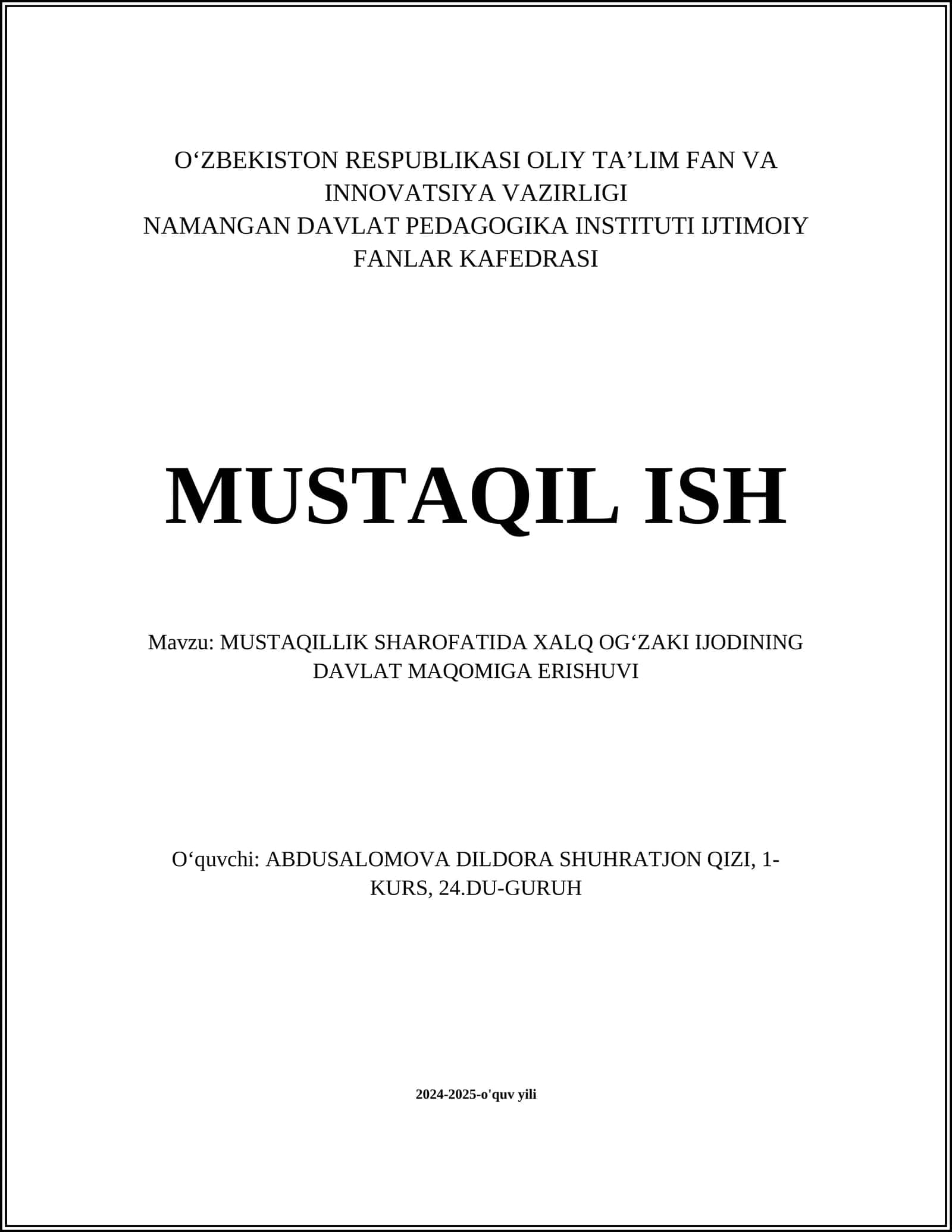 MUSTAQILLIK SHAROFATIDA XALQ OGʻZAKI IJODINING DAVLAT MAQOMIGA ERISHUVI