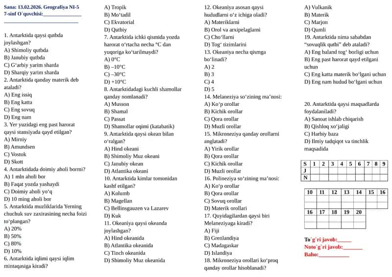 7-sinf geografiya fanidan Nazorat ishi-5