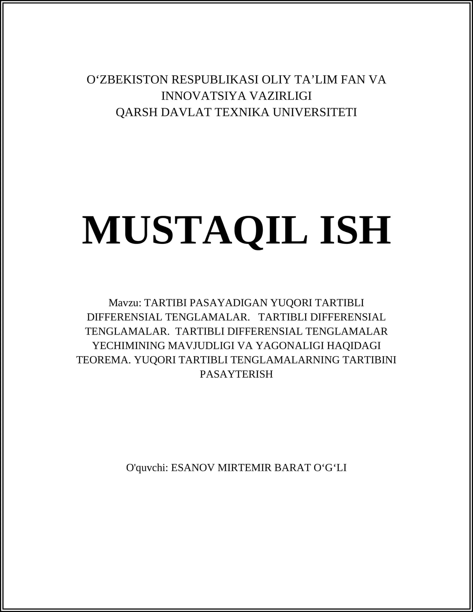 TARTIBI PASAYADIGAN YUQORI TARTIBLI DIFFERENSIAL TENGLAMALAR
