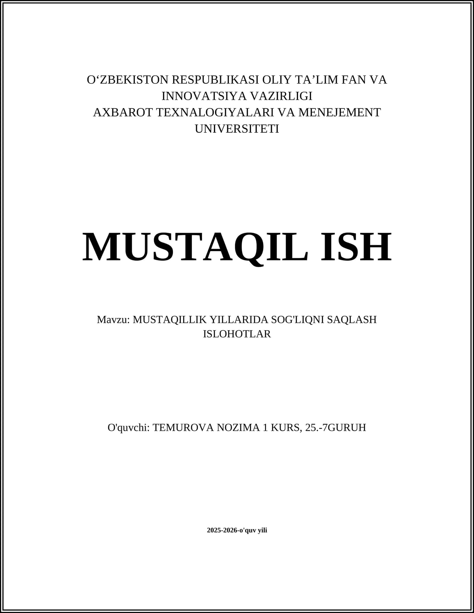 MUSTAQILLIK YILLARIDA SOG'LIQNI SAQLASH ISLOHOTLAR