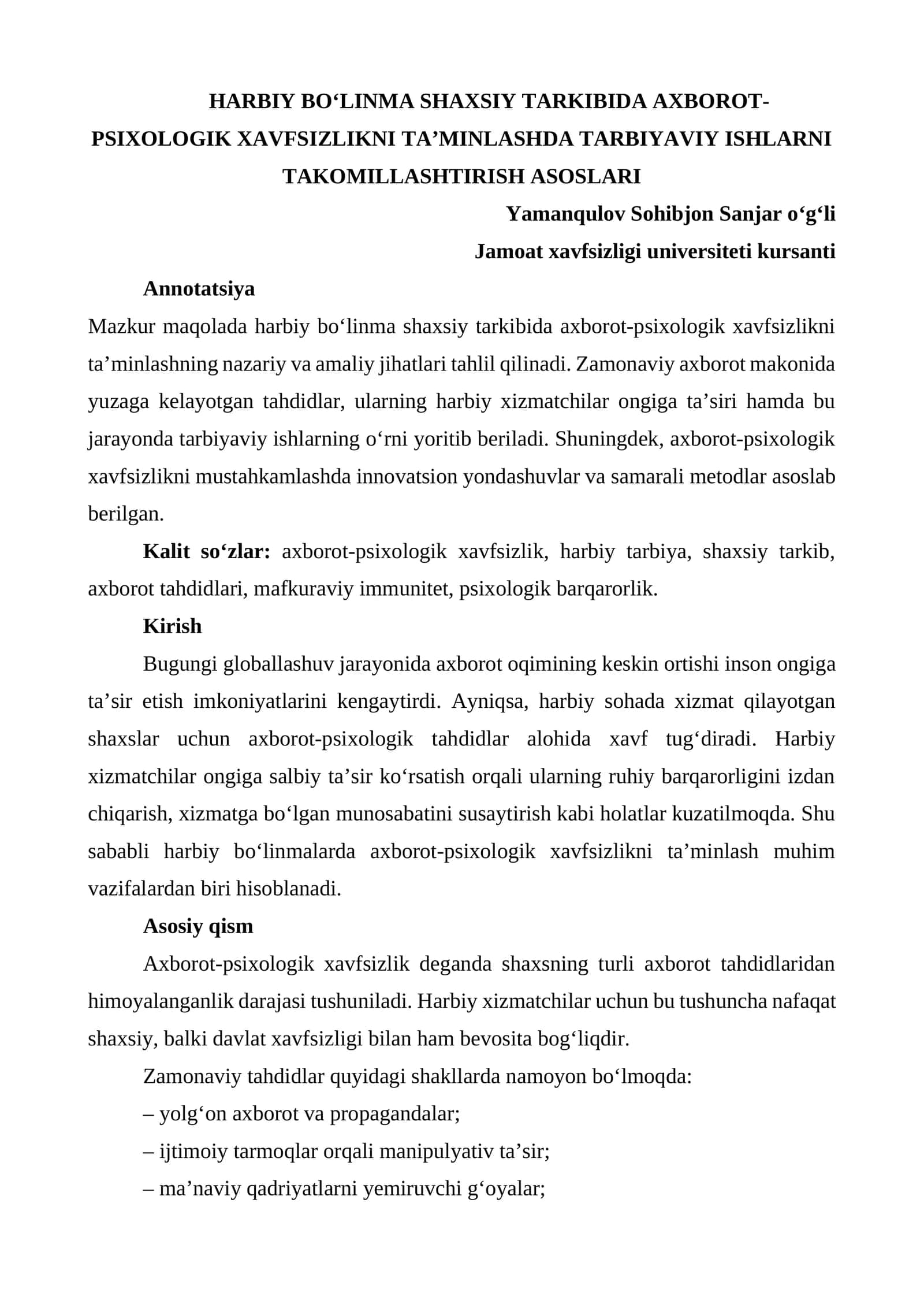HARBIY BO‘LINMA SHAXSIY TARKIBIDA AXBOROT-PSIXOLOGIK XAVFSIZLIKNI TA’MINLASHDA TARBIYAVIY ISHLARNI TAKOMILLASHTIRISH ASOSLARI