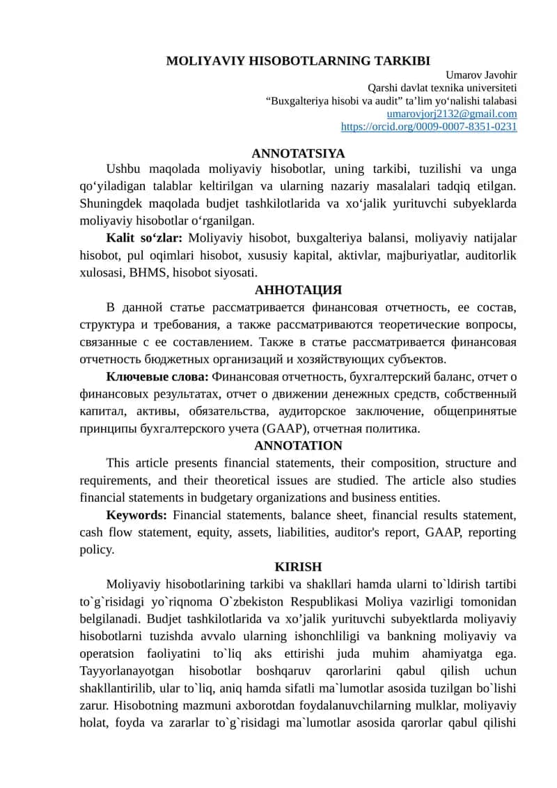 MOLIYAVIY HISOBOTLARNING TARKIBI