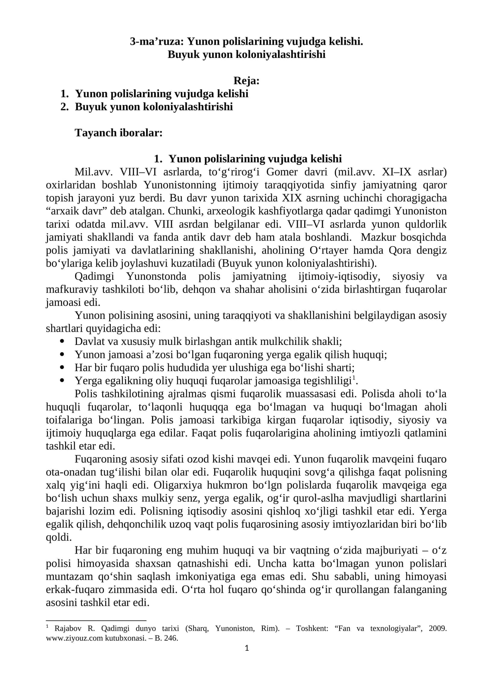 3-ma’ruza: Yunon polislarining vujudga kelishi. Buyuk yunon koloniyalashtirishi