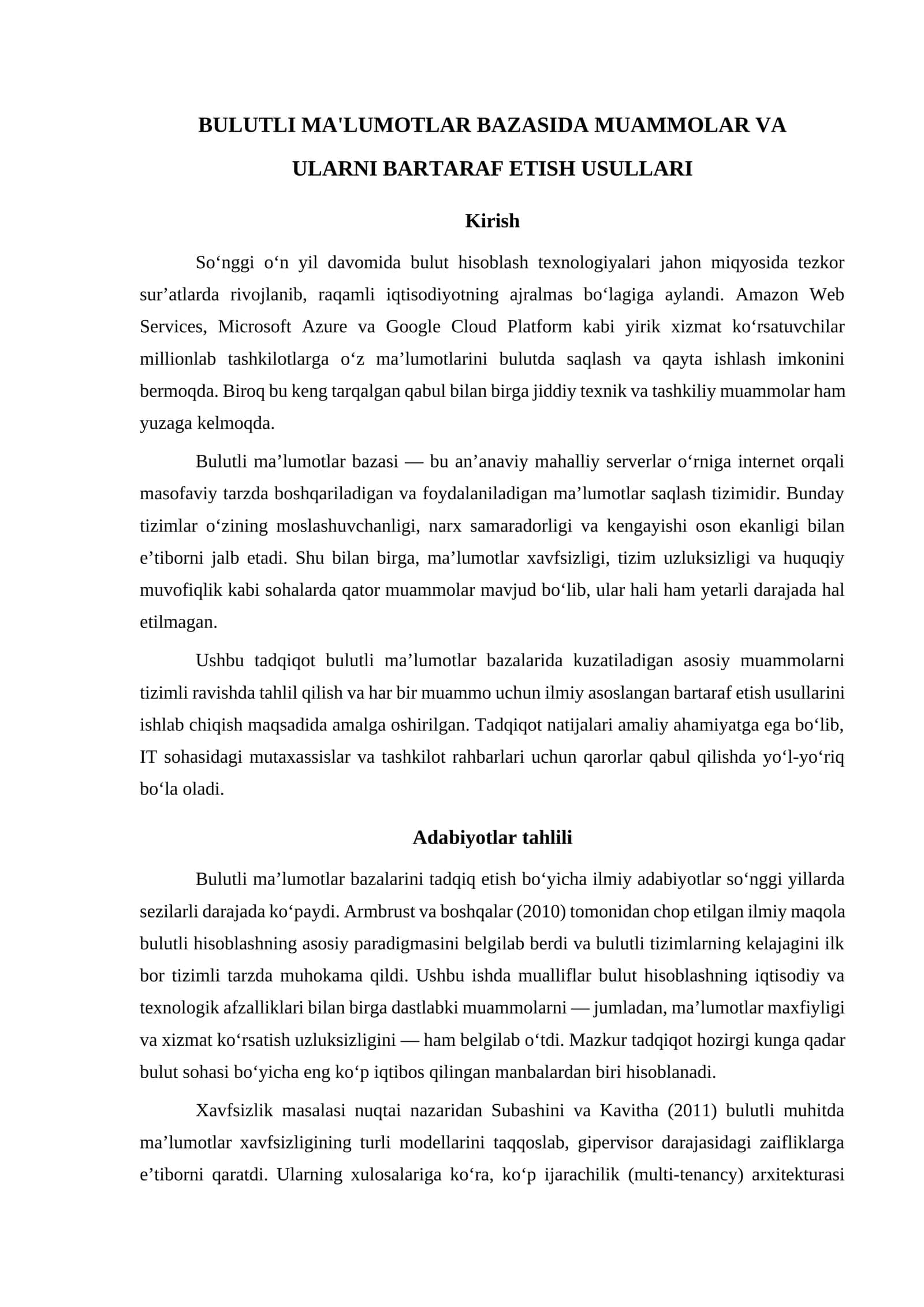 BULUTLI MA'LUMOTLAR BAZASIDA MUAMMOLAR VA ULARNI BARTARAF ETISH USULLARI
