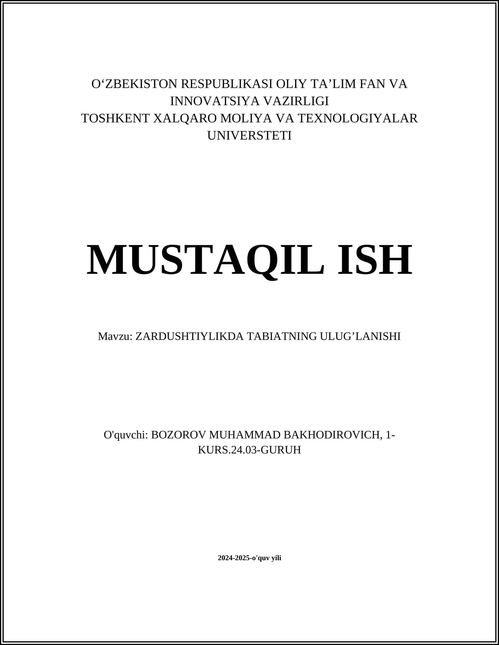 ZARDUSHTIYLIKDA TABIATNING ULUG’LANISHI