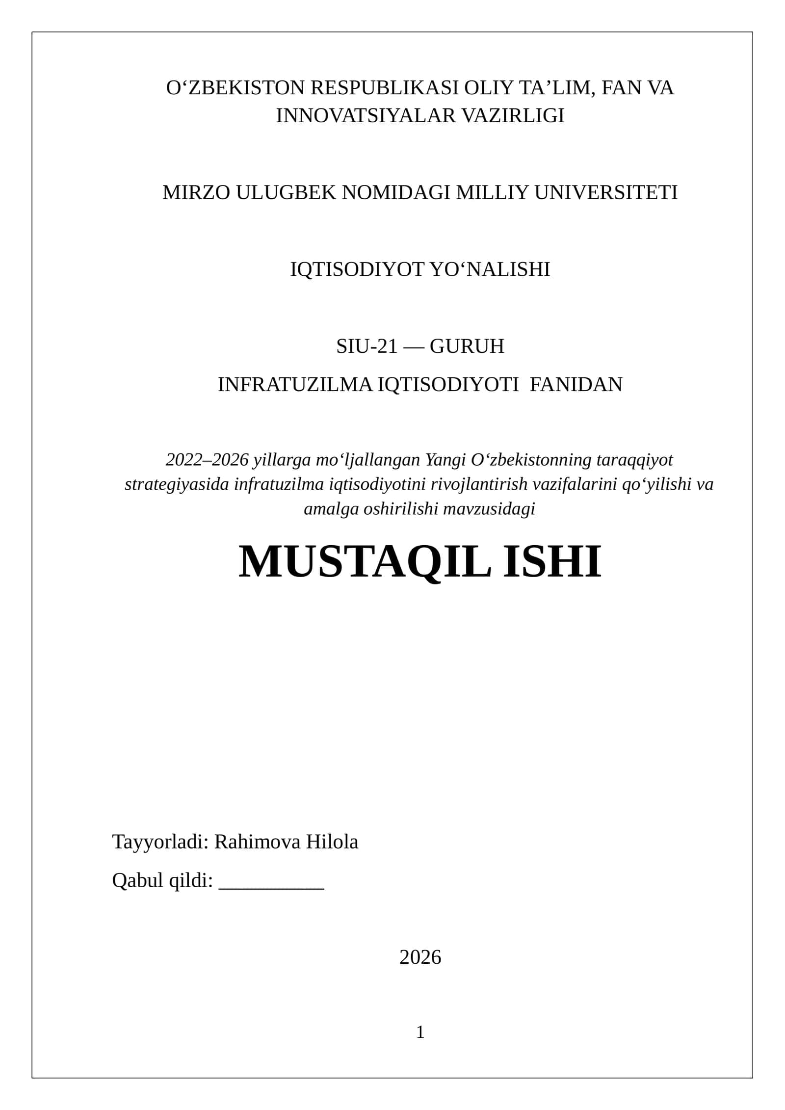 2022–2026 yillarga moʻljallangan Yangi Oʻzbekistonning taraqqiyot strategiyasida infratuzilma