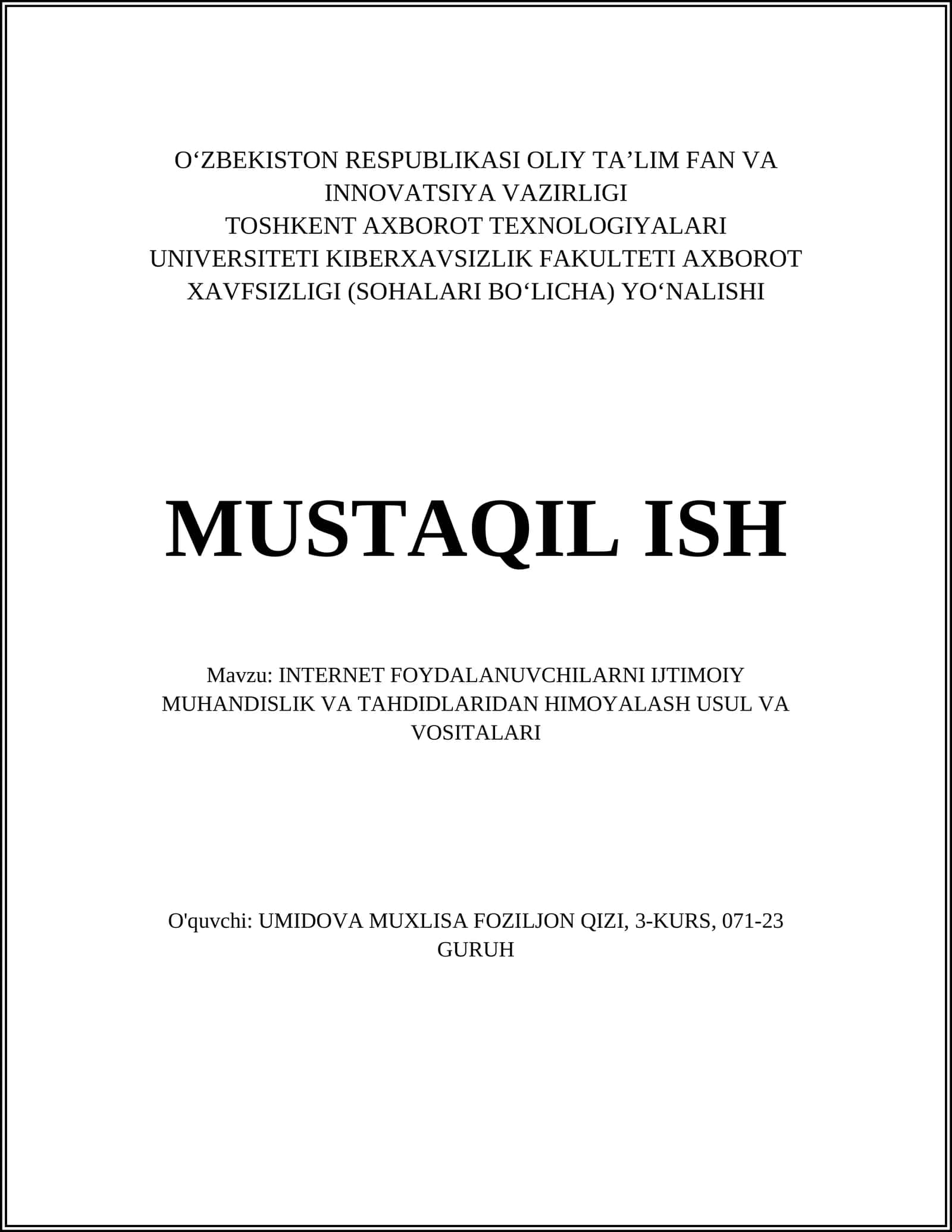 INTERNET FOYDALANUVCHILARNI IJTIMOIY MUHANDISLIK VA TAHDIDLARIDAN HIMLASH