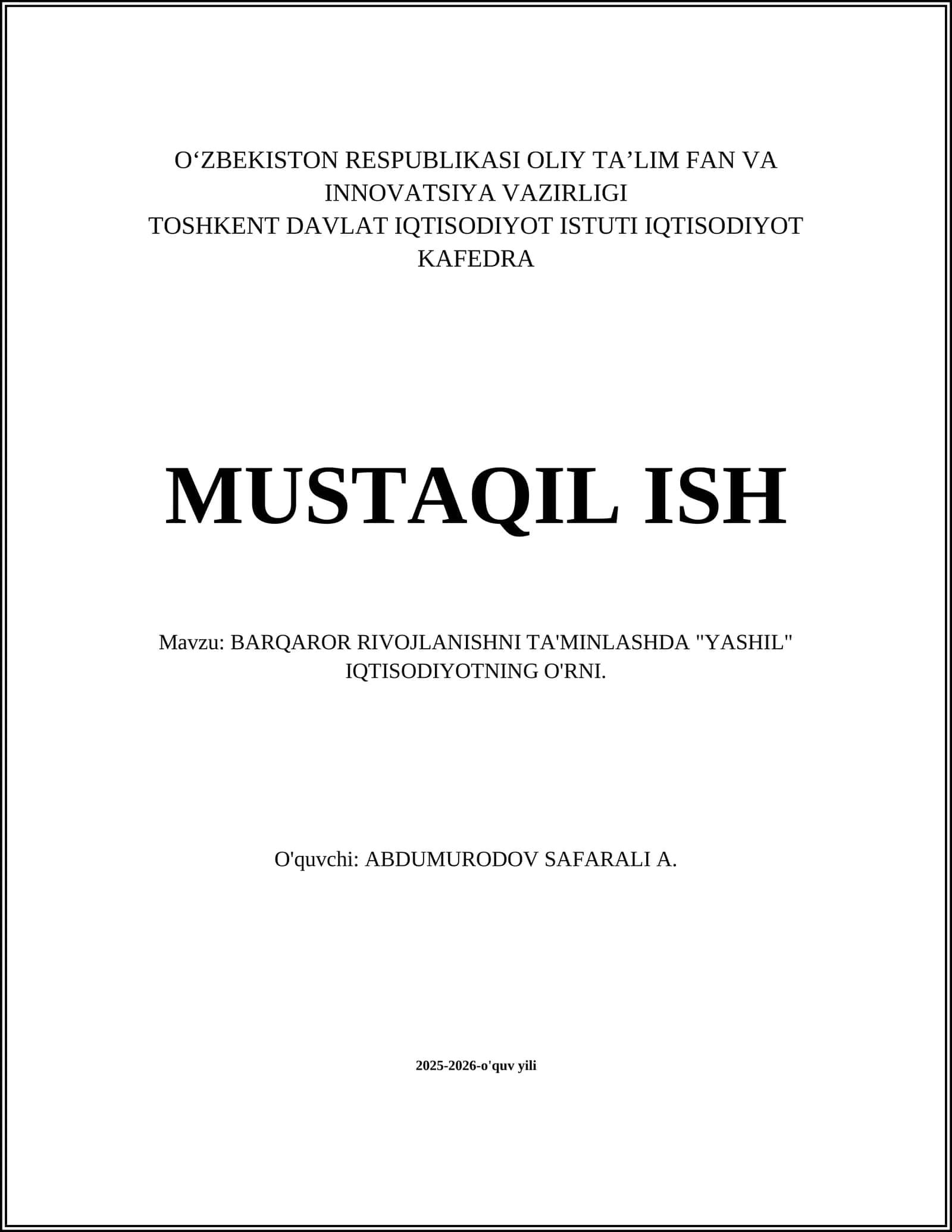 Yashil iqtisodiyotning tushunchasi va barqaror rivojlanish bilan bogʻliqligi