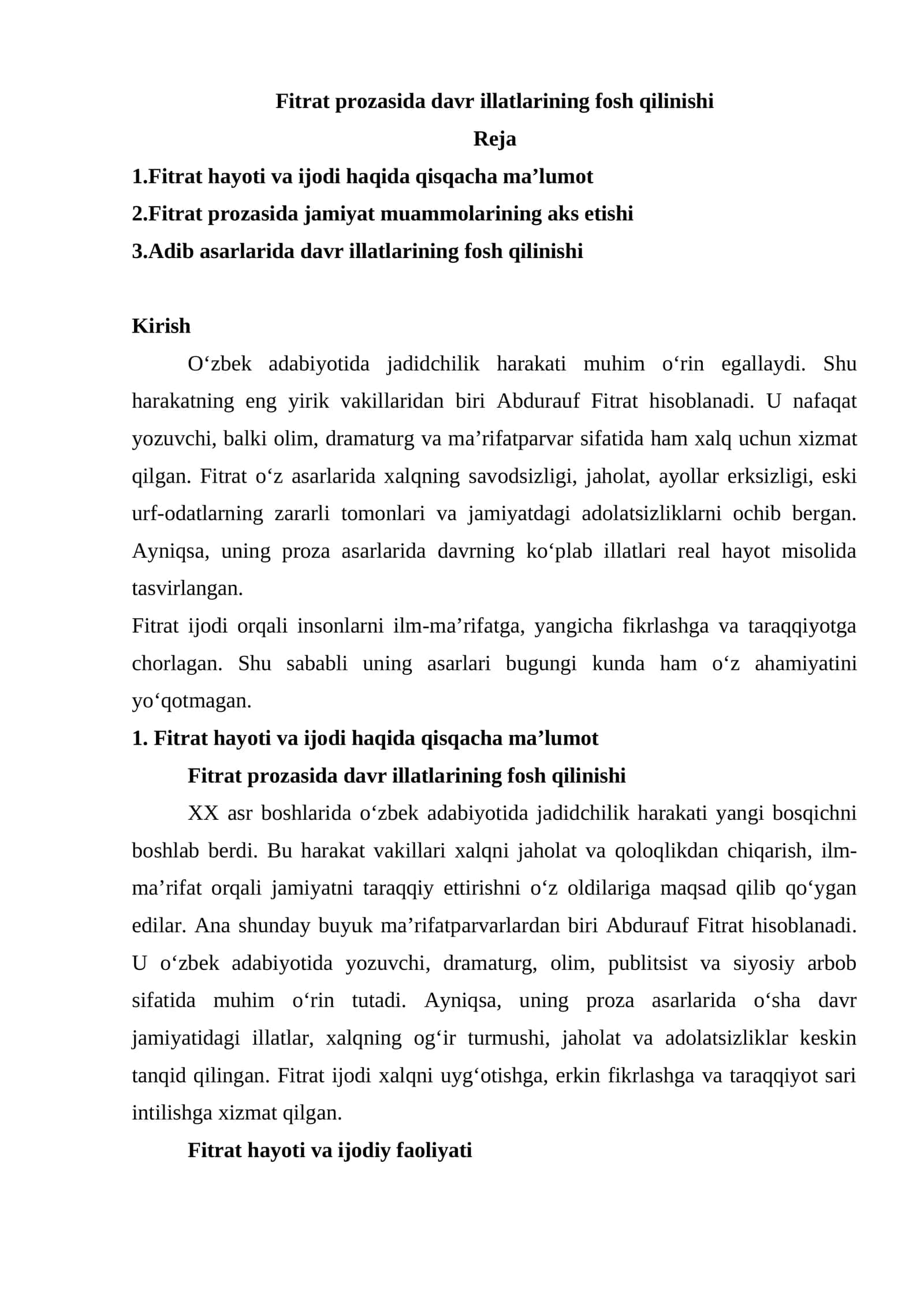 Fitrat prozasida davr illatlarining fosh qilinishi