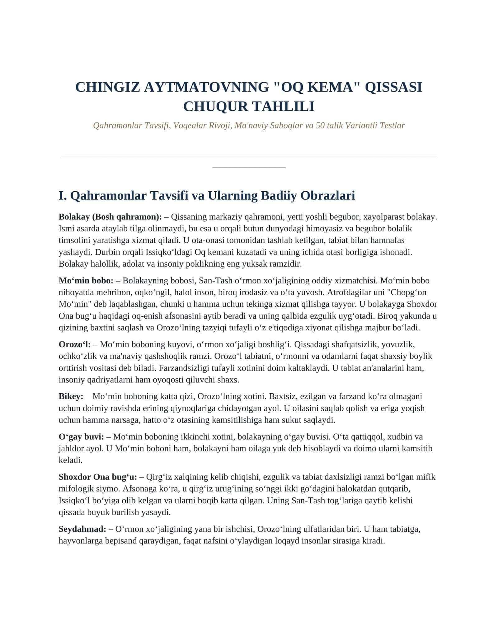 CHINGIZ AYTMATOVNING "OQ KEMA" QISSASI CHUQUR TAHLILI