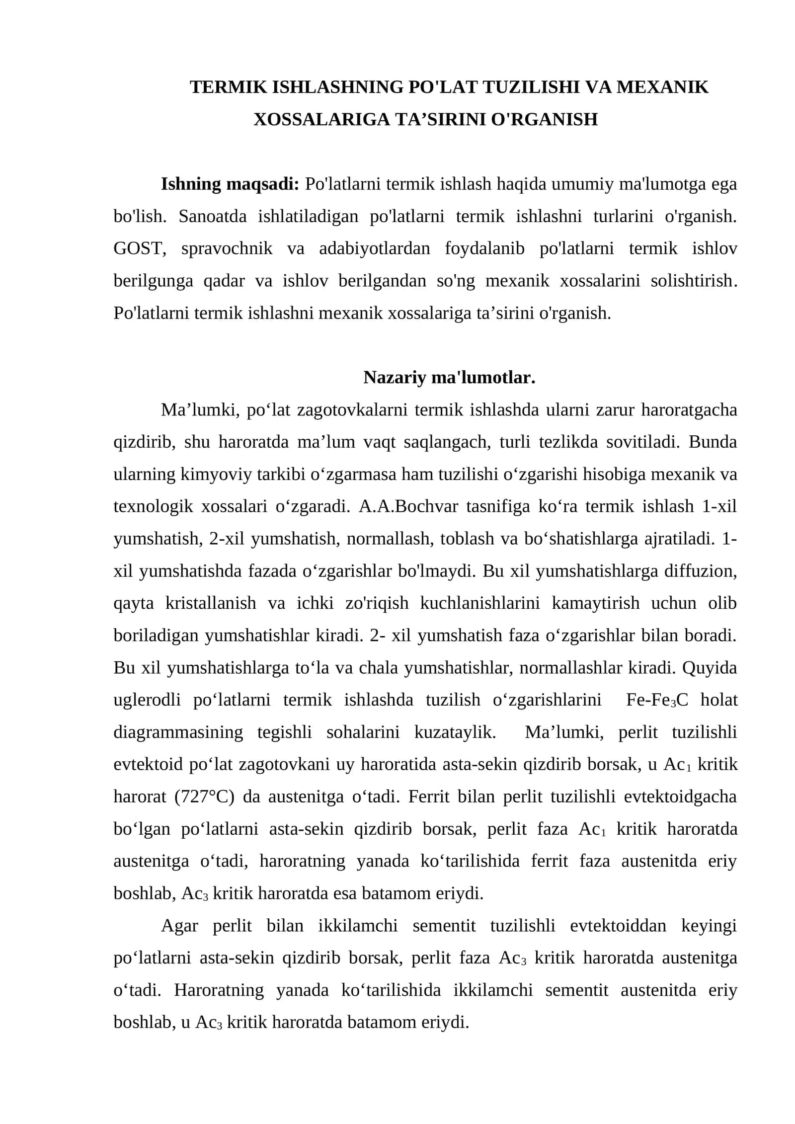 TERMIK ISHLASHNING PO'LAT TUZILISHI VA MEXANIK XOSSALARIGA TA’SIRINI O'RGANISH