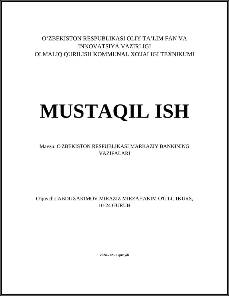 O'ZBEKISTON RESPUBLIKASI MARKAZIY BANKINING VAZIFALARI