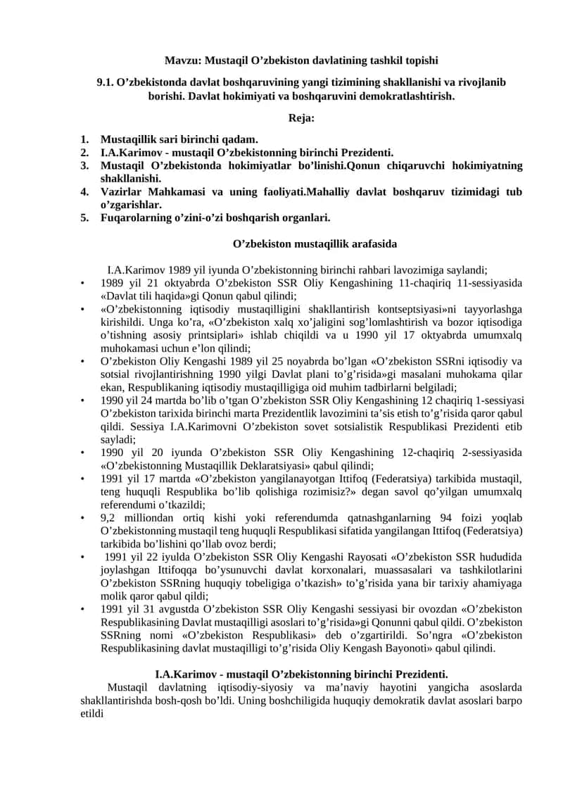 Mustaqil O’zbekiston davlatining tashkil topishi