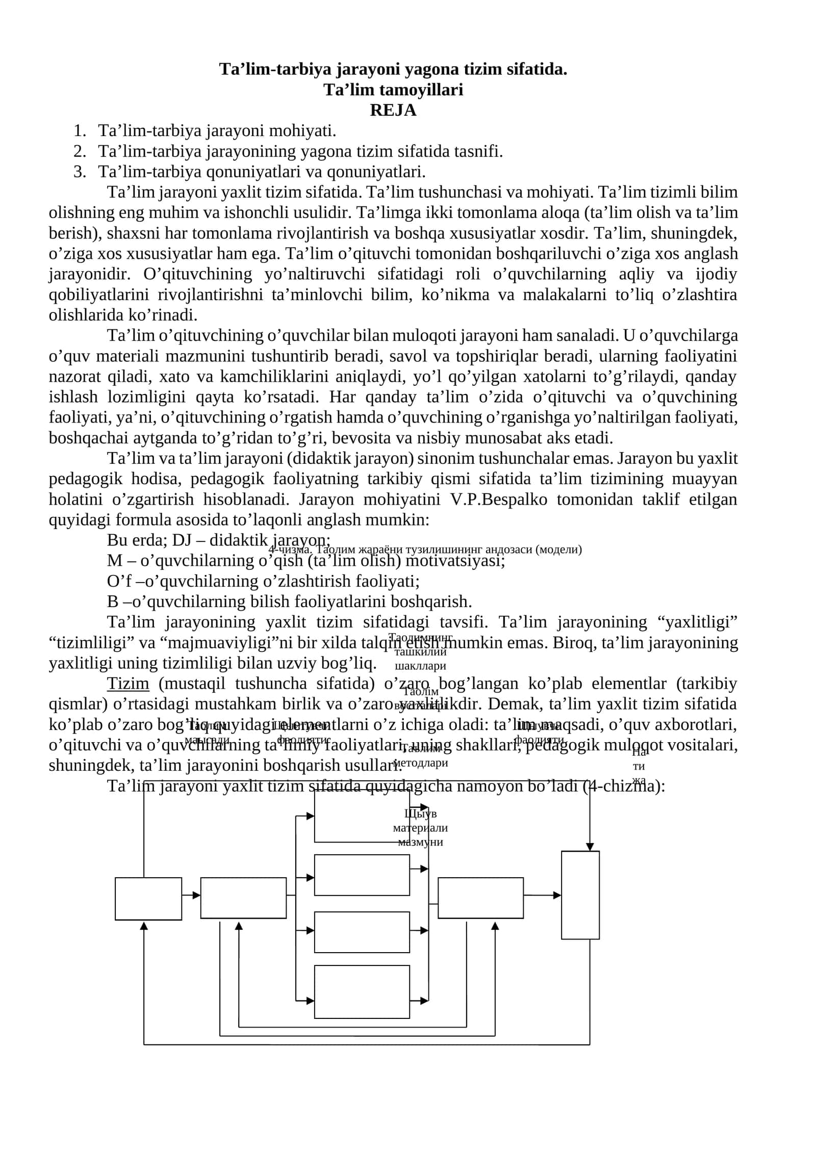 Ta’lim-tarbiya jarayoni yagona tizim sifatida. Ta’lim tamoyillari