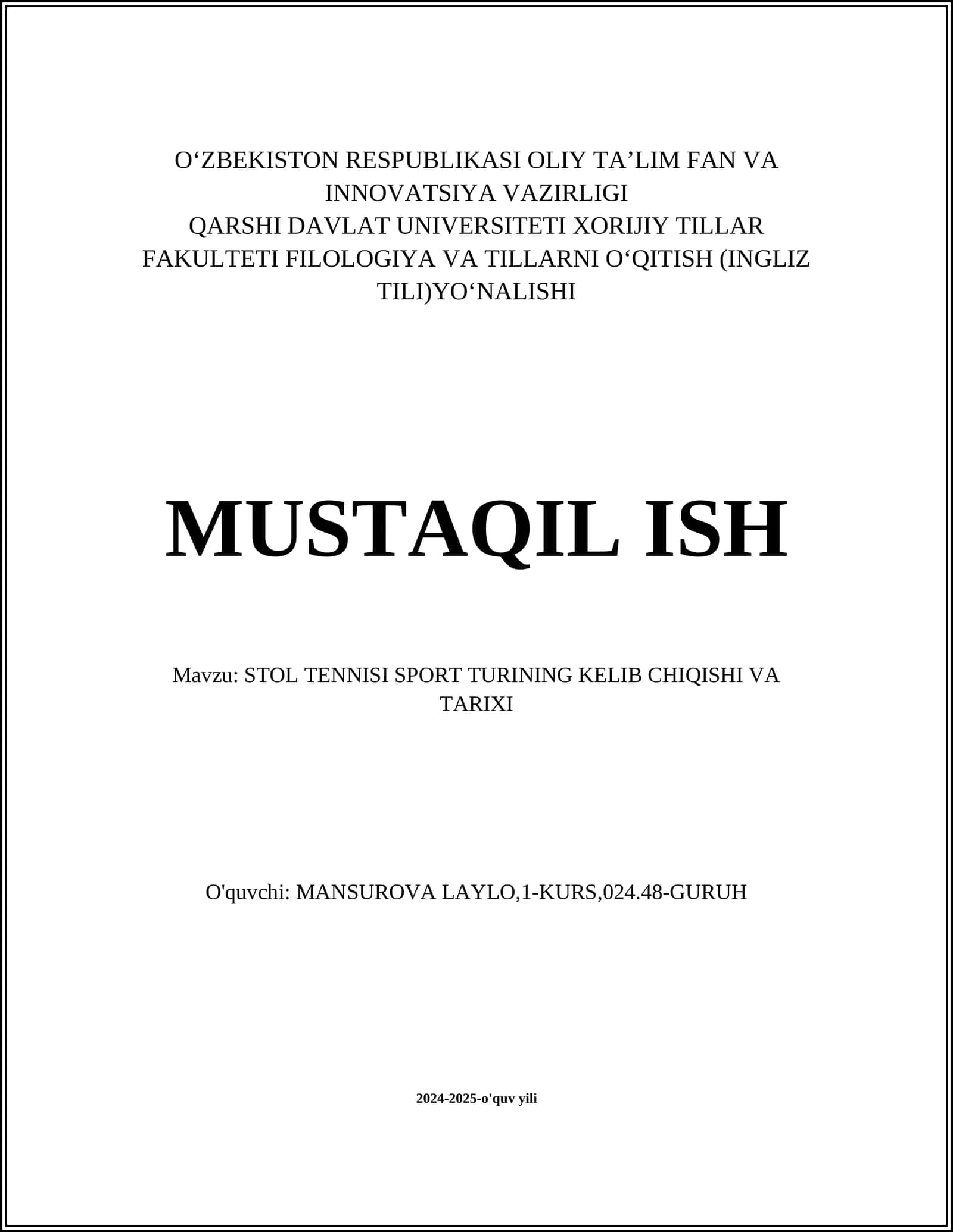 STOL TENNISI SPORT TURINING KELIB CHIQISHI VA TARIXI