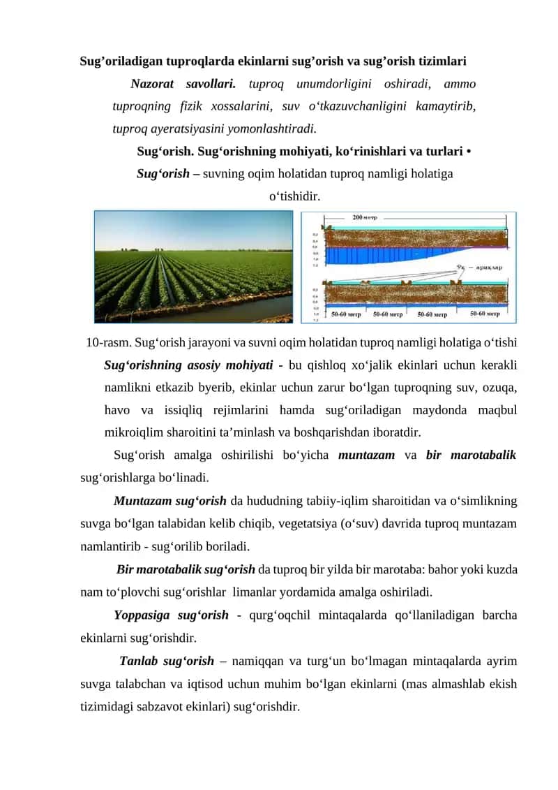 Sug’oriladigan tuproqlarda ekinlarni sug’orish va sug’orish tizimlari