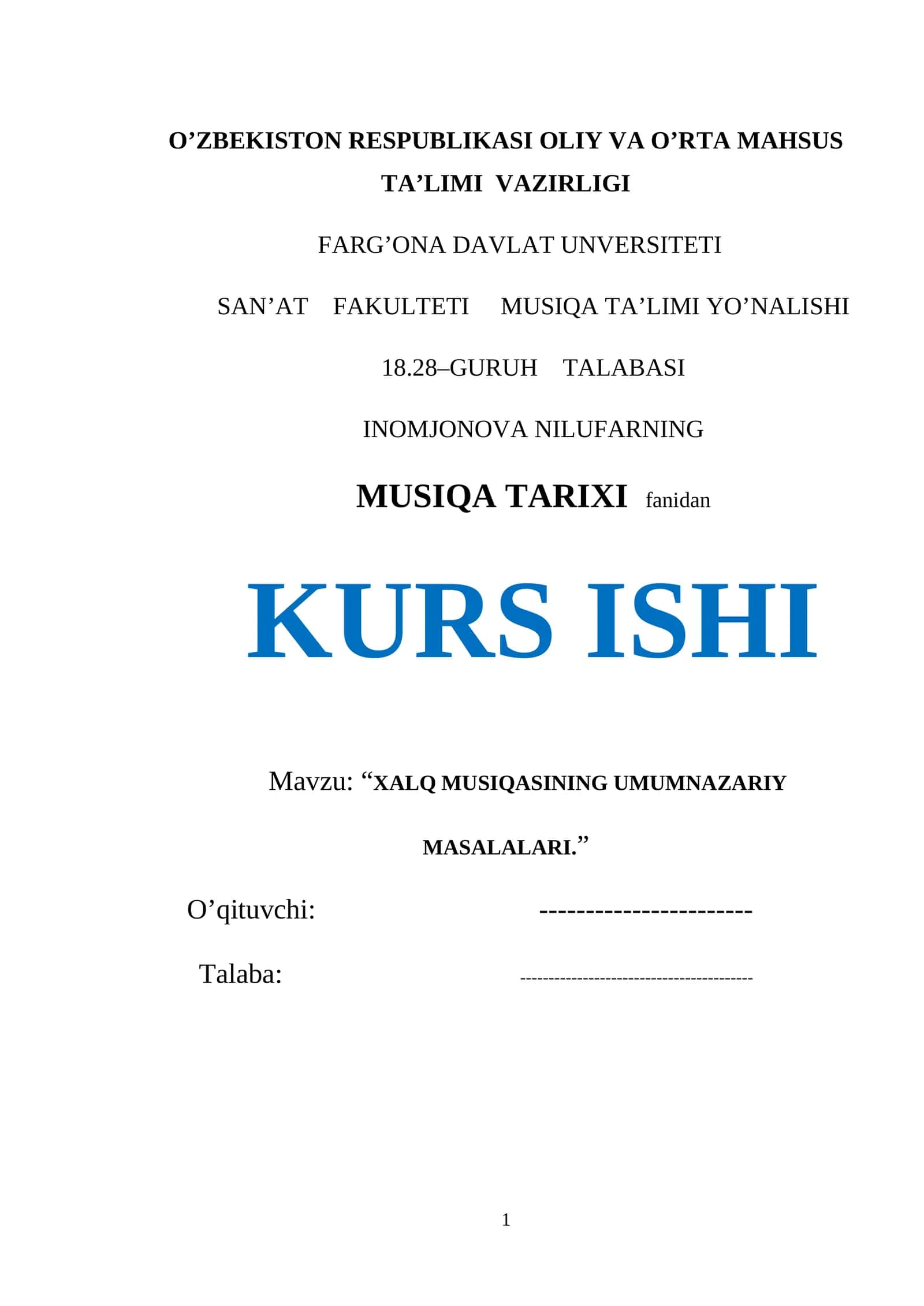 XALQ MUSIQASINING UMUMNAZARIY MASALALARI
