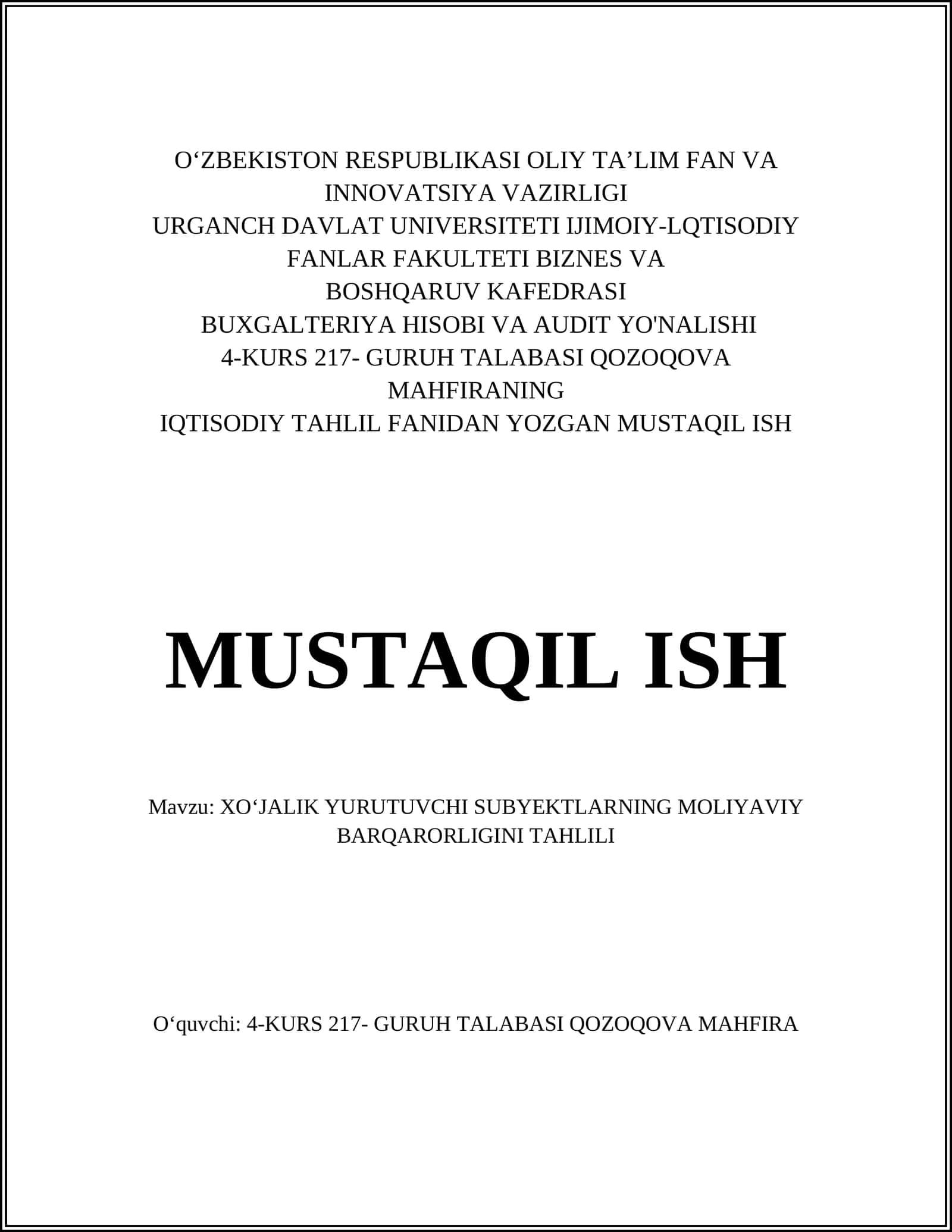 XO‘JALIK YURUTUVCHI SUBYEKTLARNING MOLIYAVIY BARQARORLIGINI TAHLILI