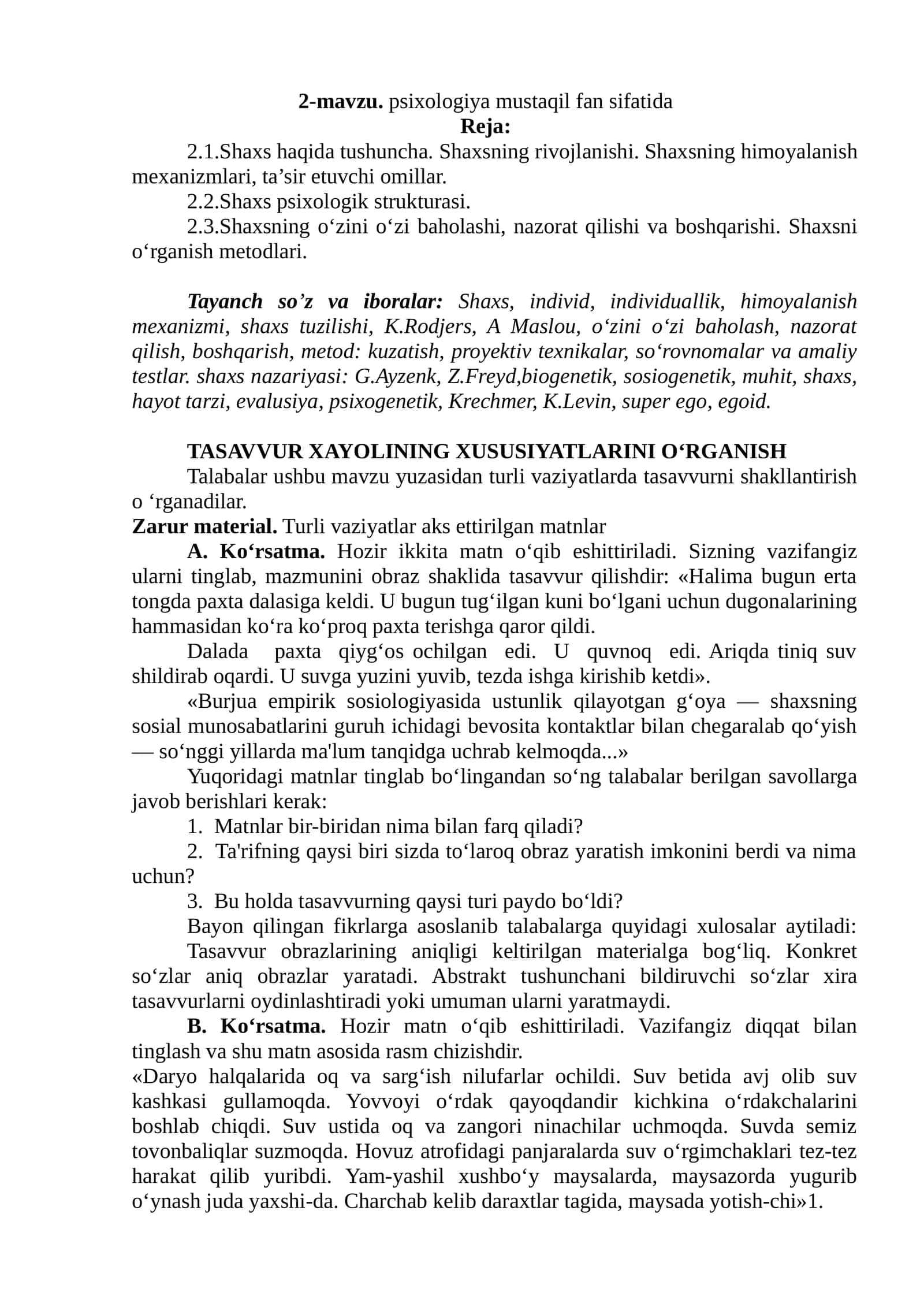 2-mavzu. psixologiya mustaqil fan sifatida