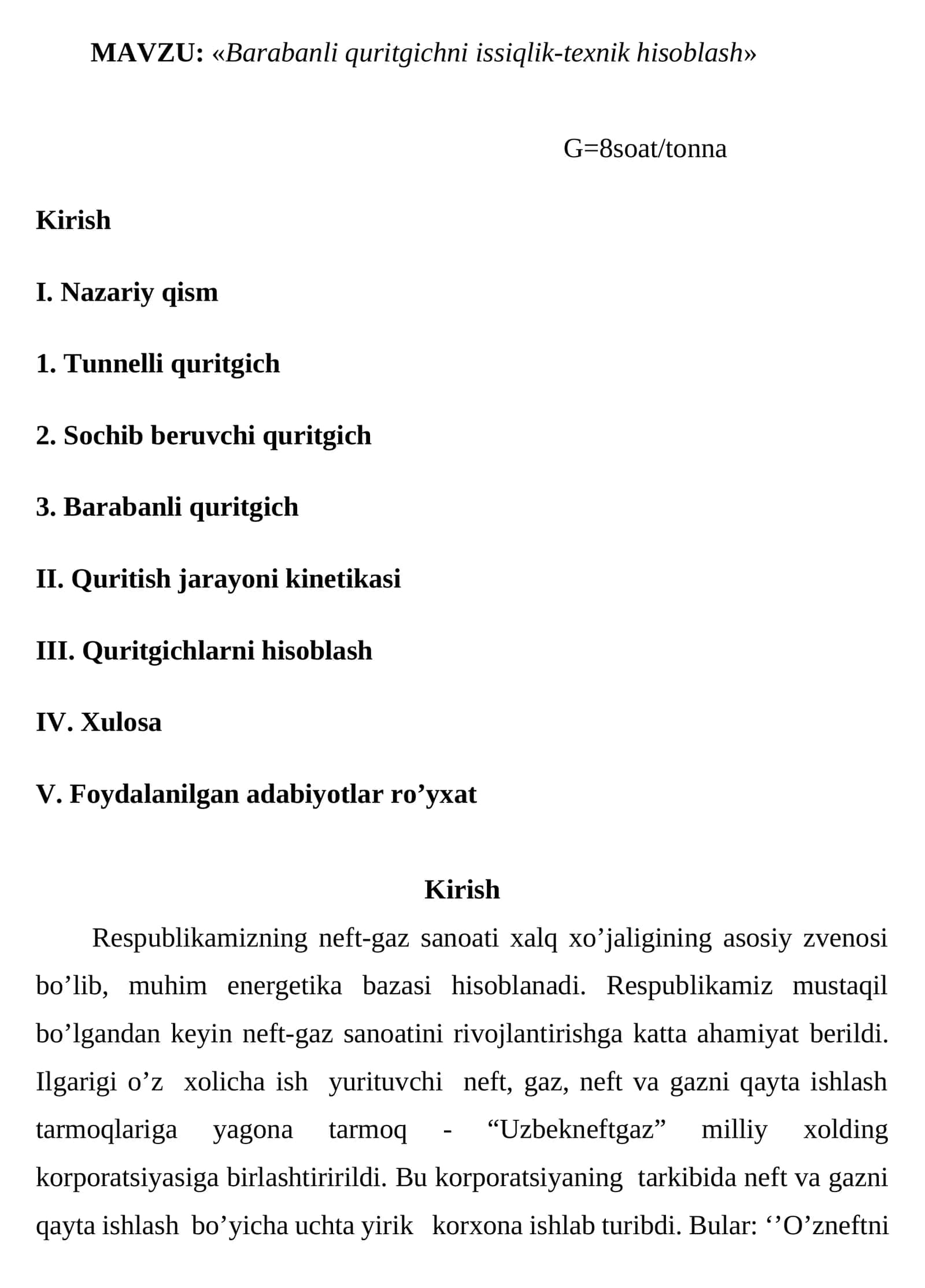 Barabanli quritgichni issiqlik-texnik hisoblash
