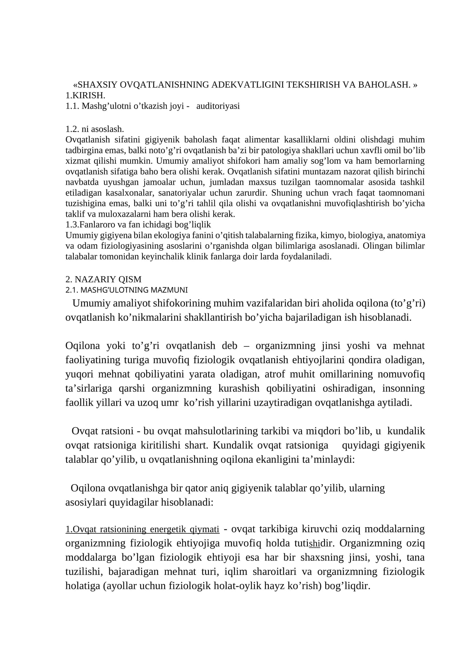 SHAXSIY OVQATLANISHNING ADEKVATLIGINI TEKSHIRISH VA BAHOLASH