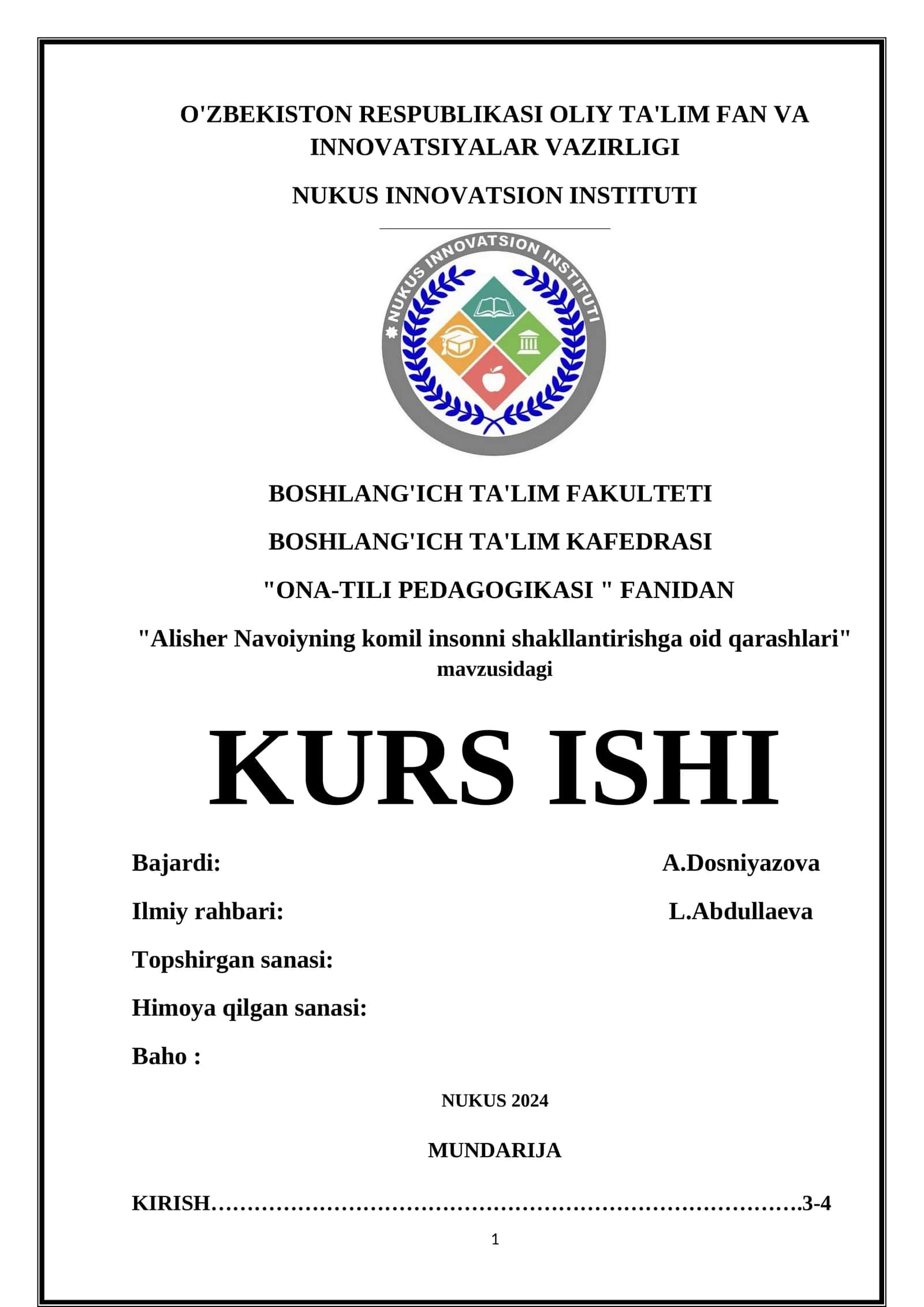 "Alisher Navoiyning komil insonni shakllantirishga oid qarashlari" kursi