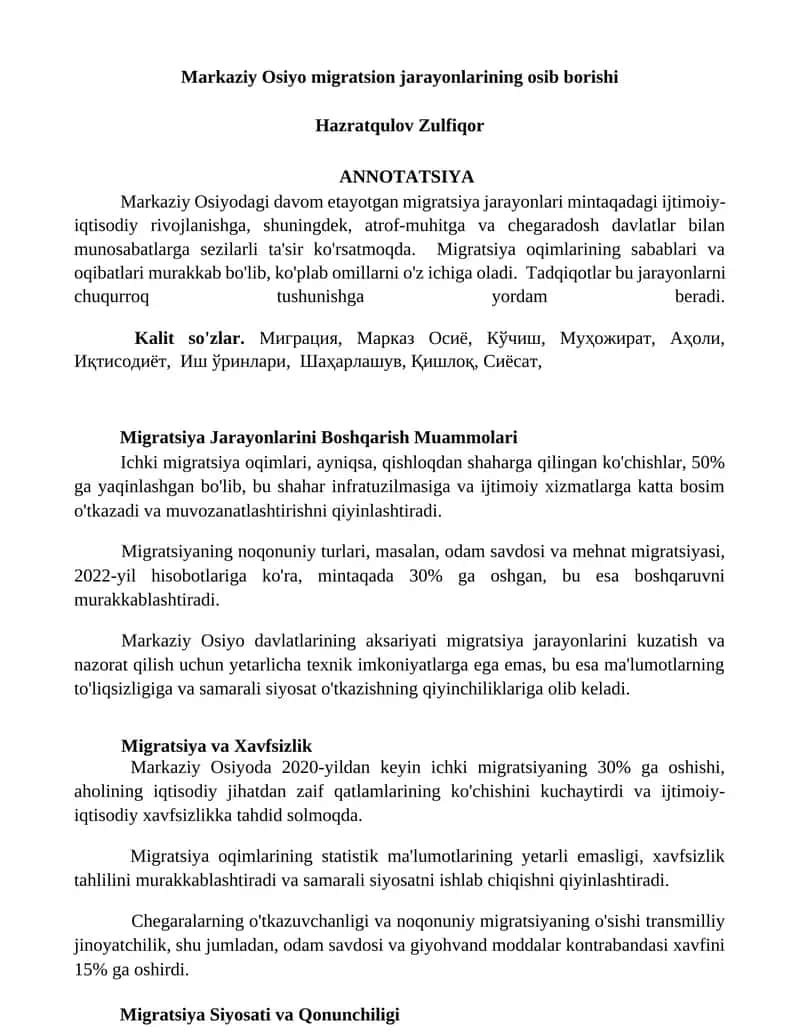 Markaziy Osiyo migratsion jarayonlarining osib borishi