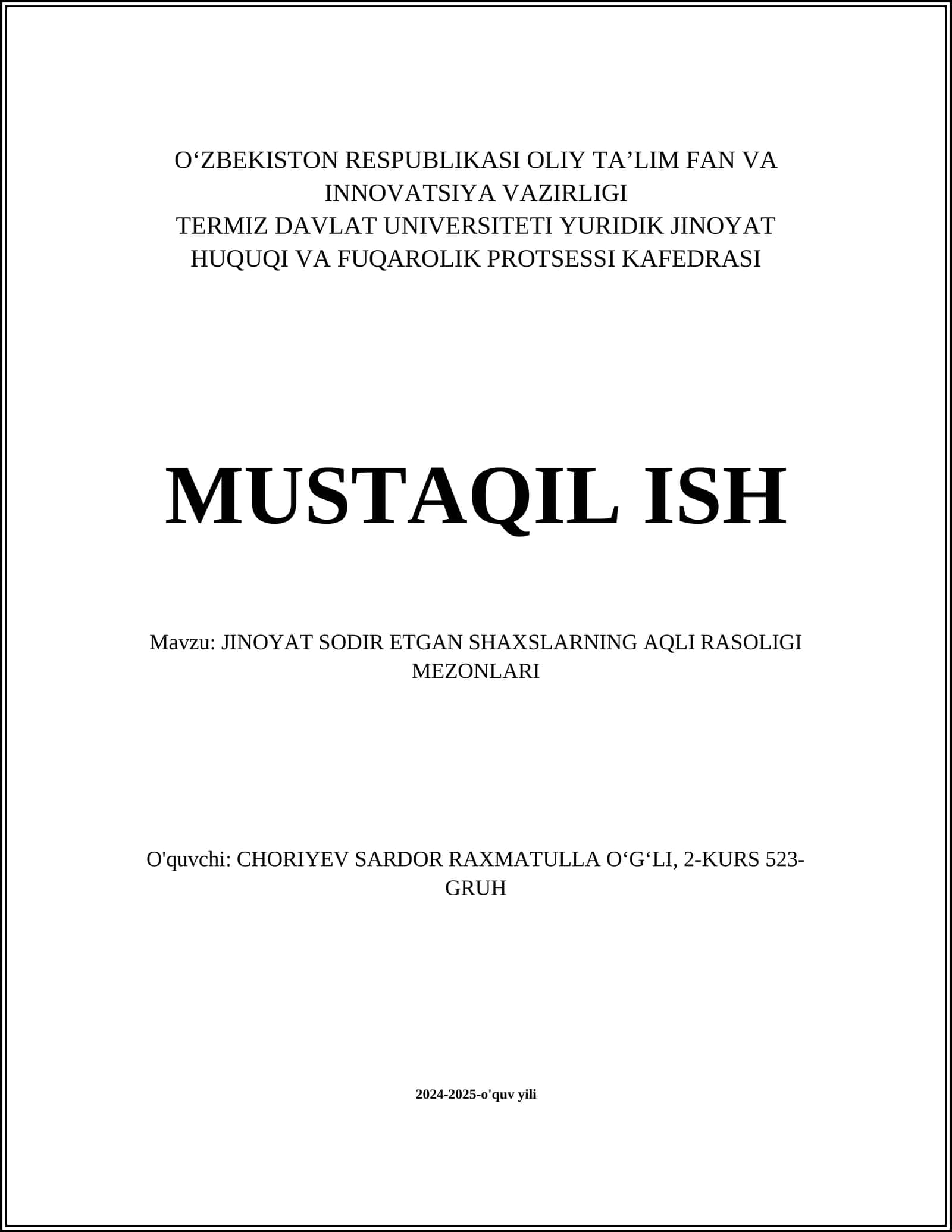 Jinoyat Sodir Etgan Shaxslarning Aqli Rasoligi Mezonlari