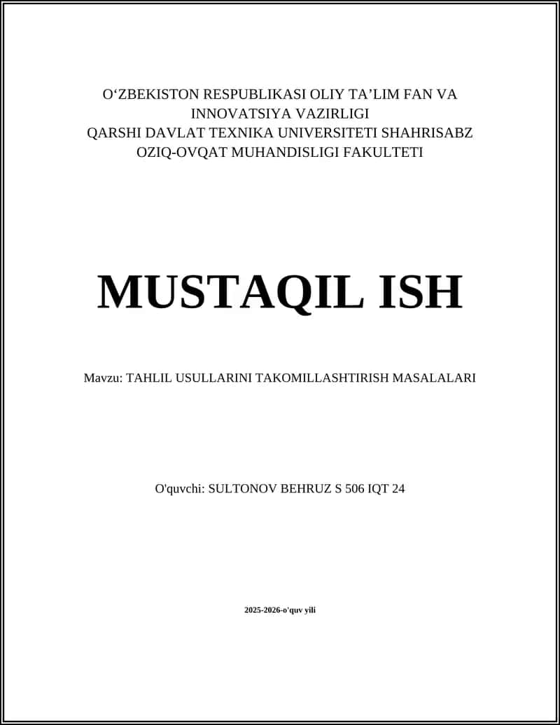 TAHLIL USULLARINI TAKOMILLASHTIRISH MASALALARI