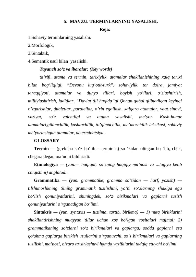 MAVZU. TERMINLARNING YASALISHI