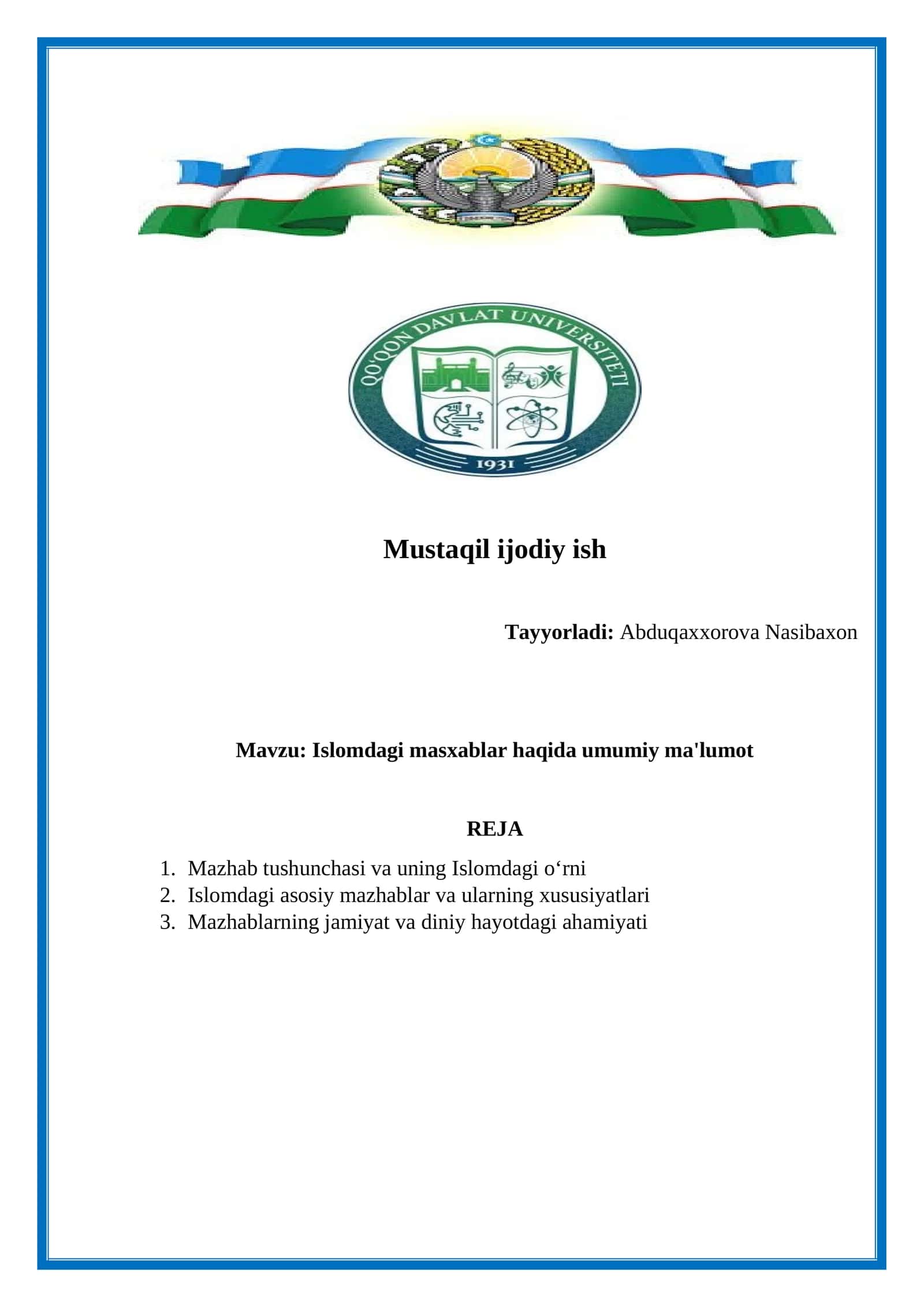 Islomdagi masxablar haqida umumiy ma'lumot